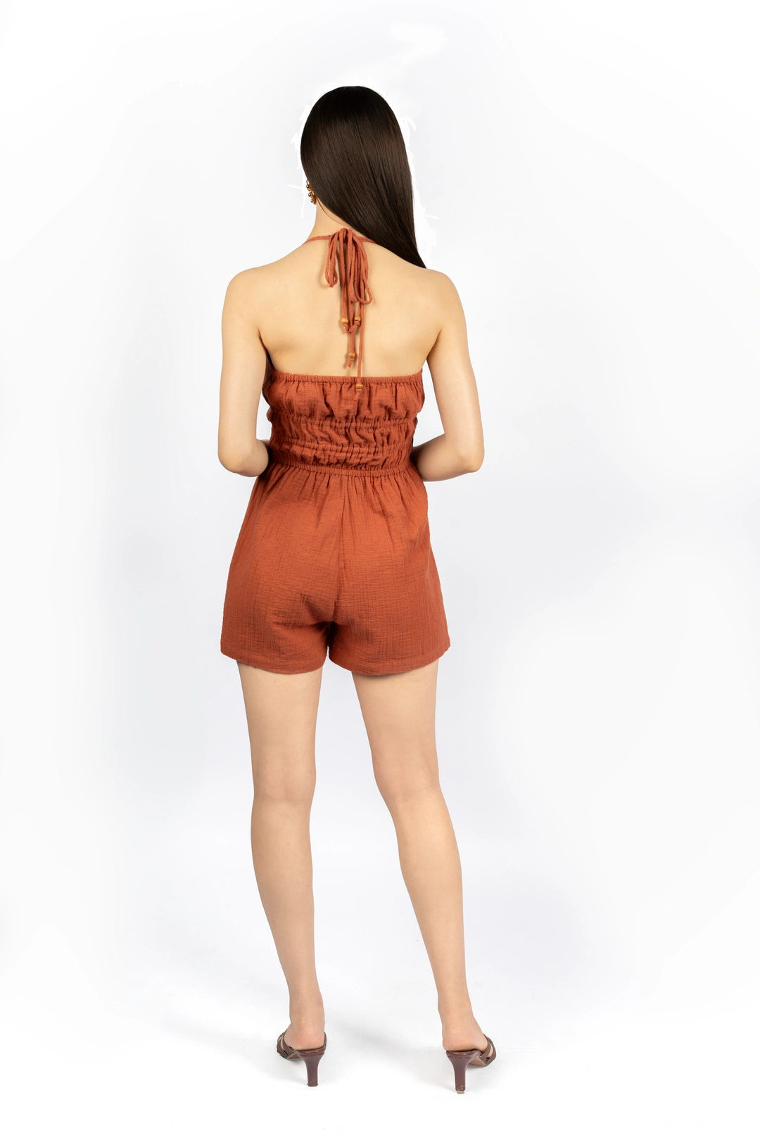 Terracotta Fitted Playsuit in Cotton Gauge