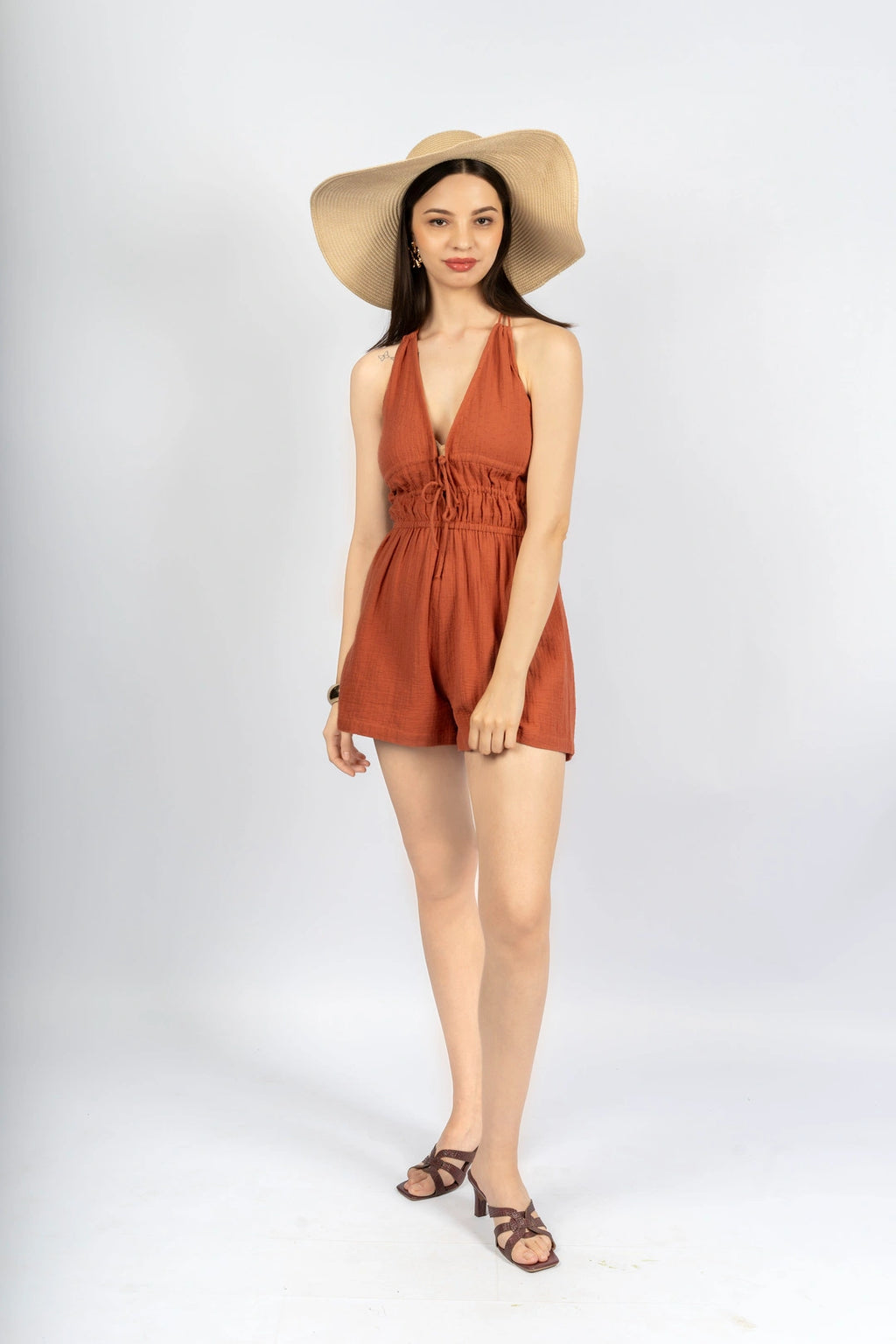 Terracotta Fitted Playsuit in Cotton Gauge