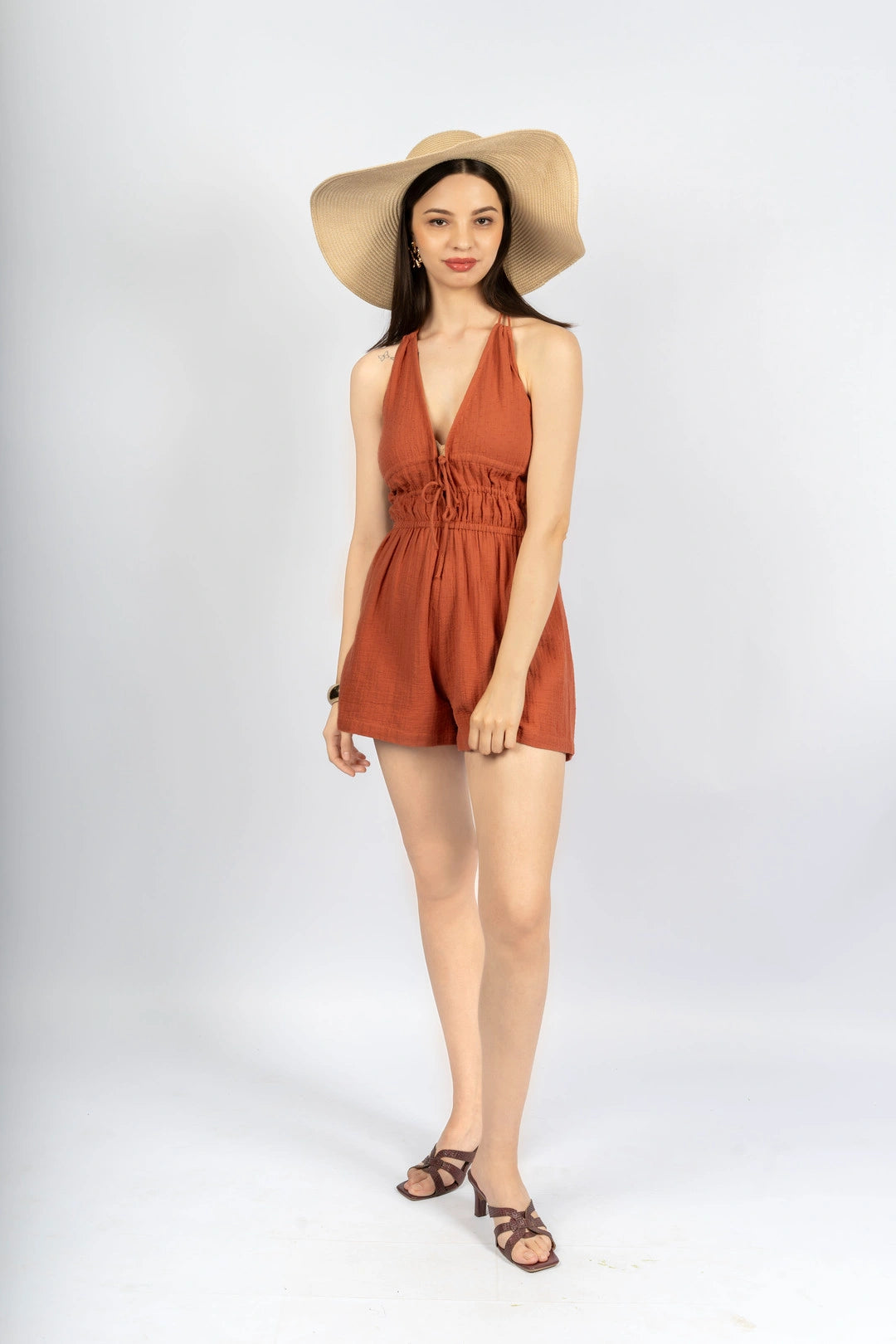 Terracotta Fitted Playsuit in Cotton Gauge