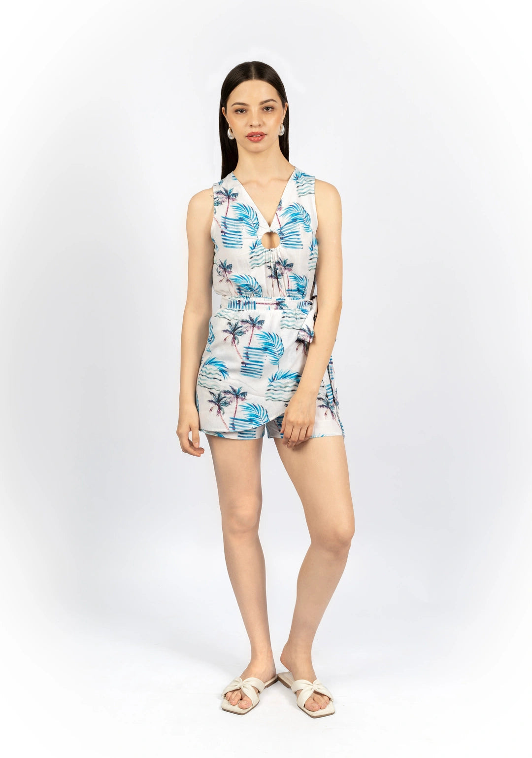 White Printed Fitted Playsuit in Cotton Viscose Linen