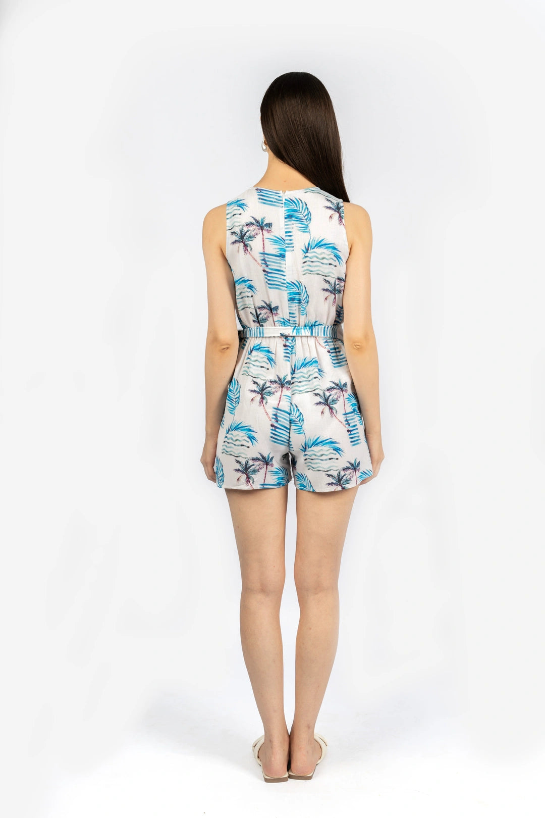 White Printed Fitted Playsuit in Cotton Viscose Linen