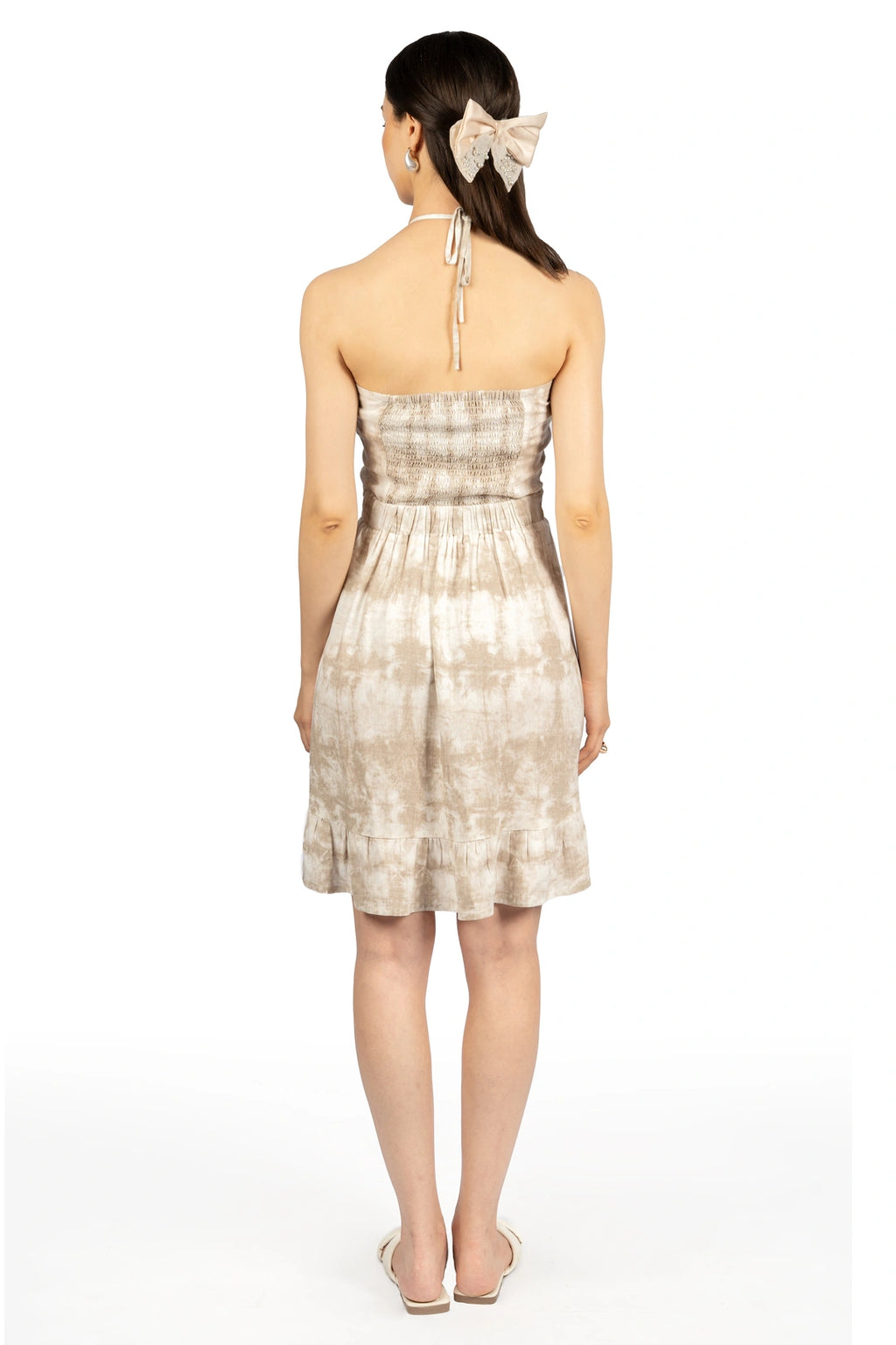 Off White & Brown Tie & Dye Fit & Flare Halter Dress