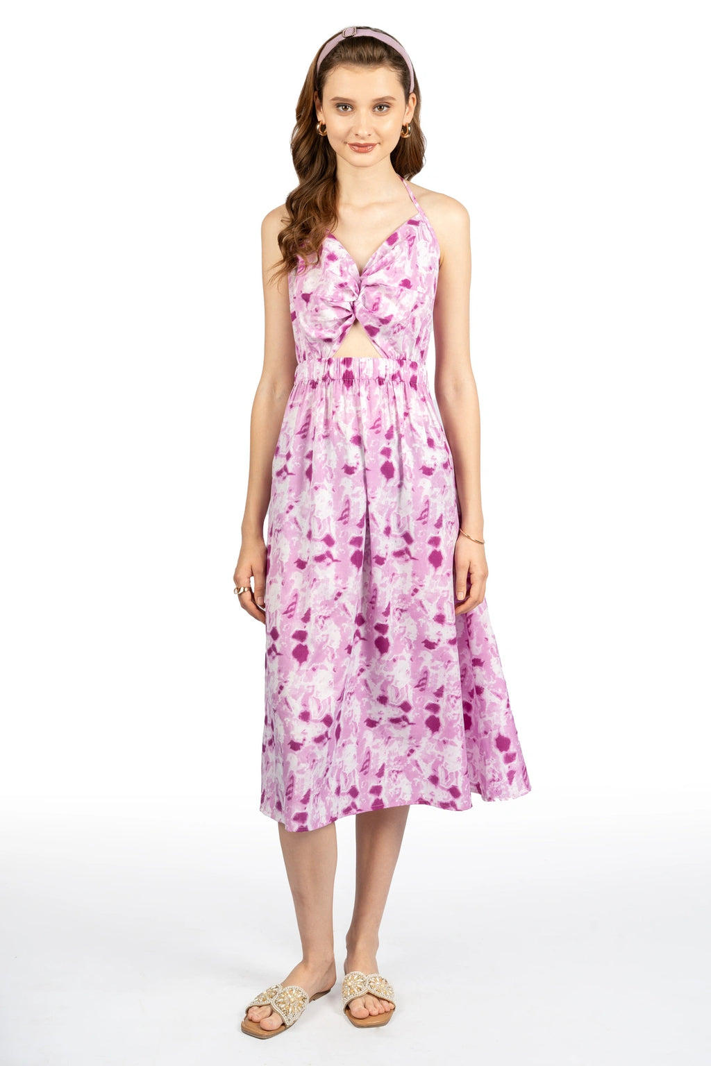 Pink Tie & Dye V Neck Sleeveless Midi Dress
