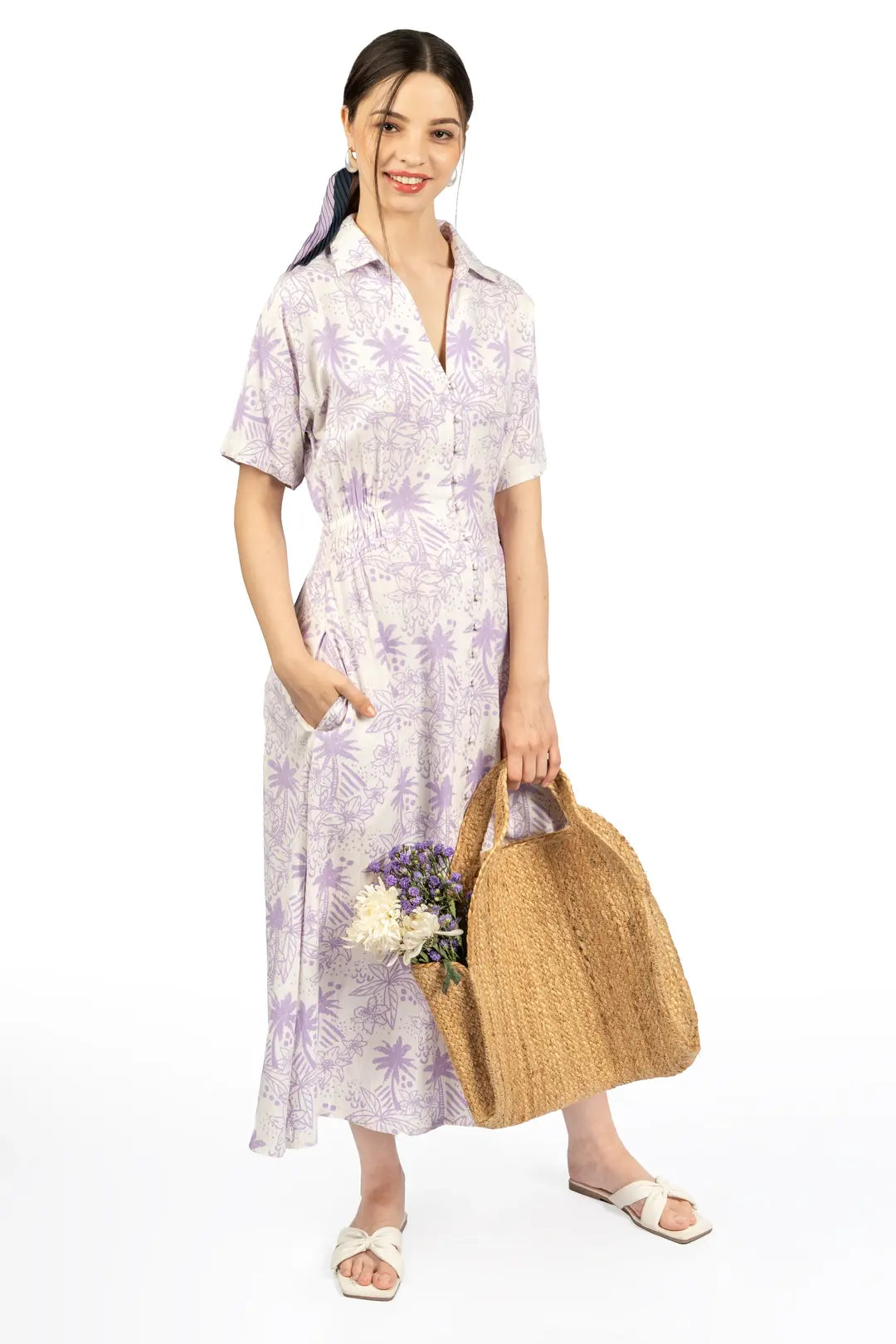 Lavender & White Floral Collared Midi Dress