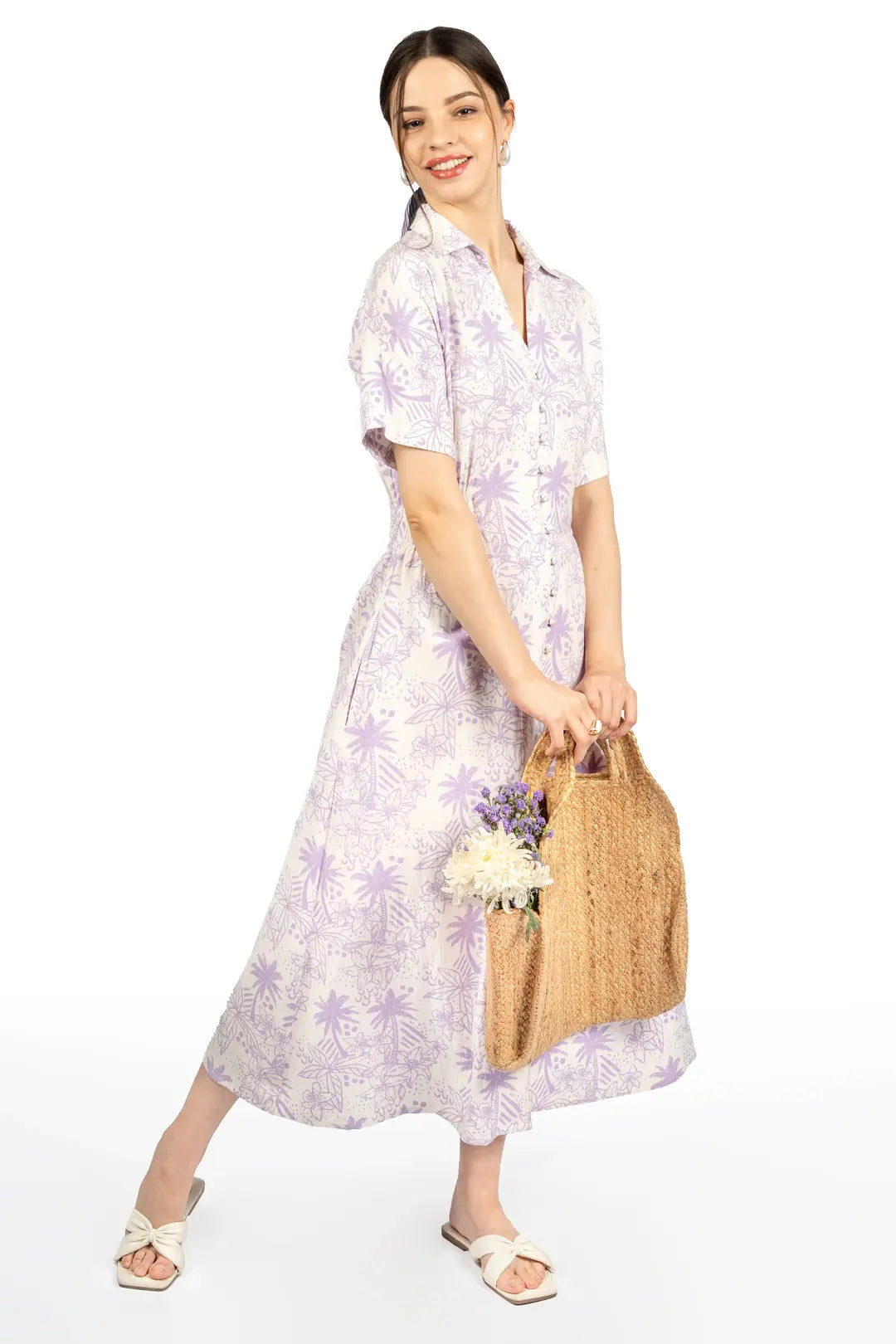 Lavender & White Floral Collared Midi Dress