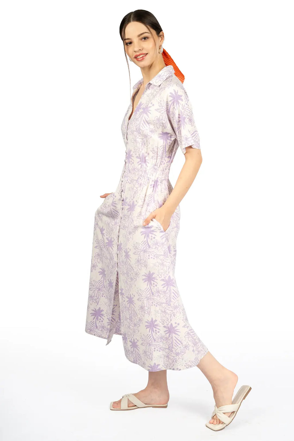 Lavender & White Floral Collared Midi Dress