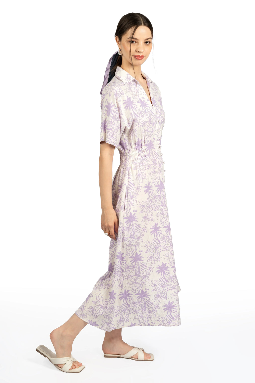 Lavender & White Floral Collared Midi Dress