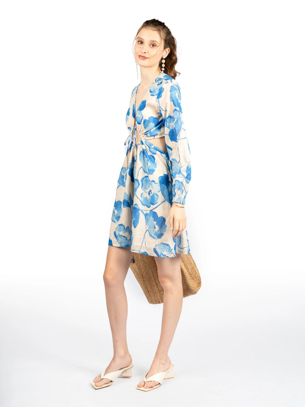 Blue & Beige Floral Cotton Cambric Fit & Flare Dress