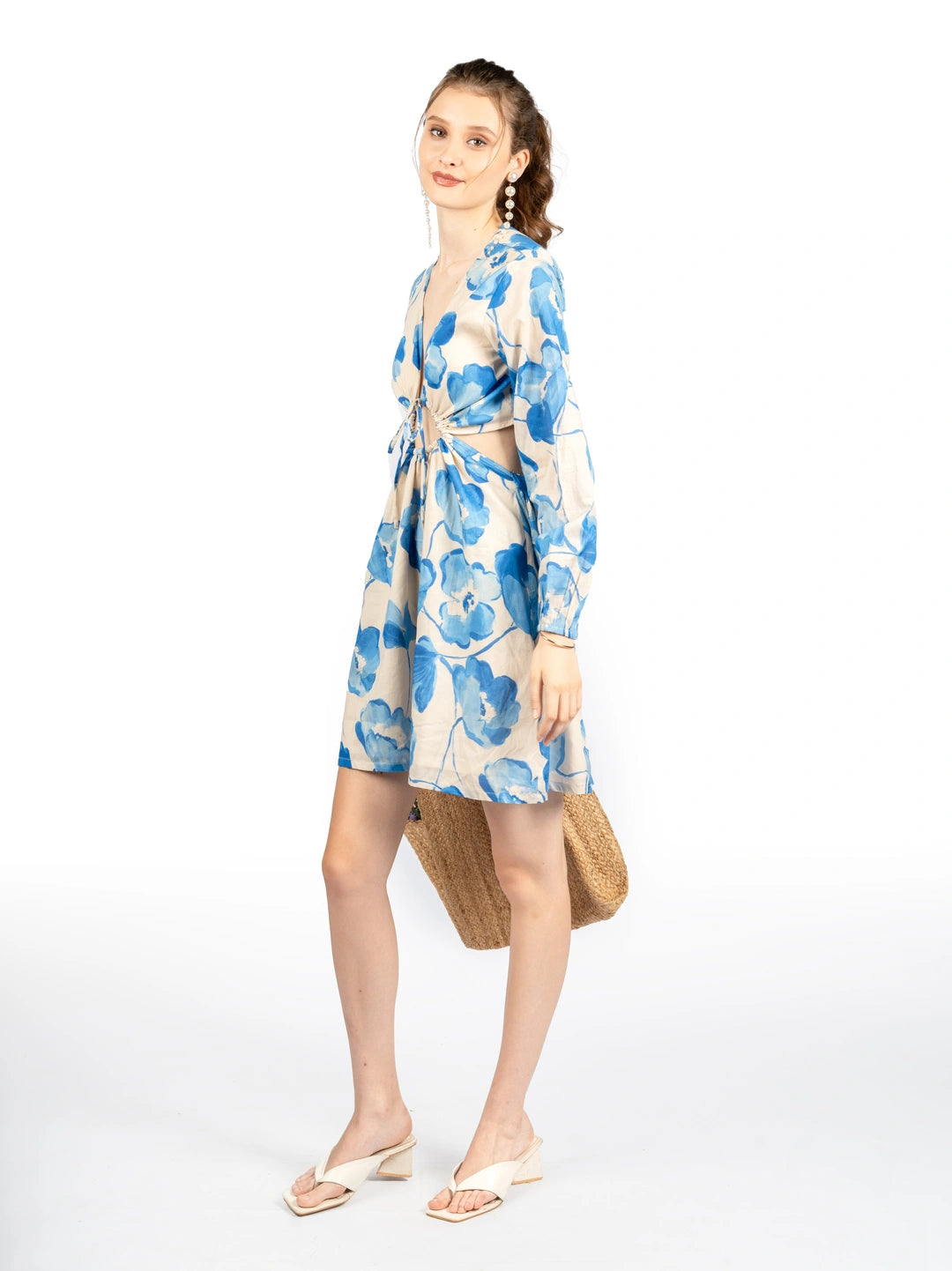 Blue & Beige Floral Cotton Cambric Fit & Flare Dress