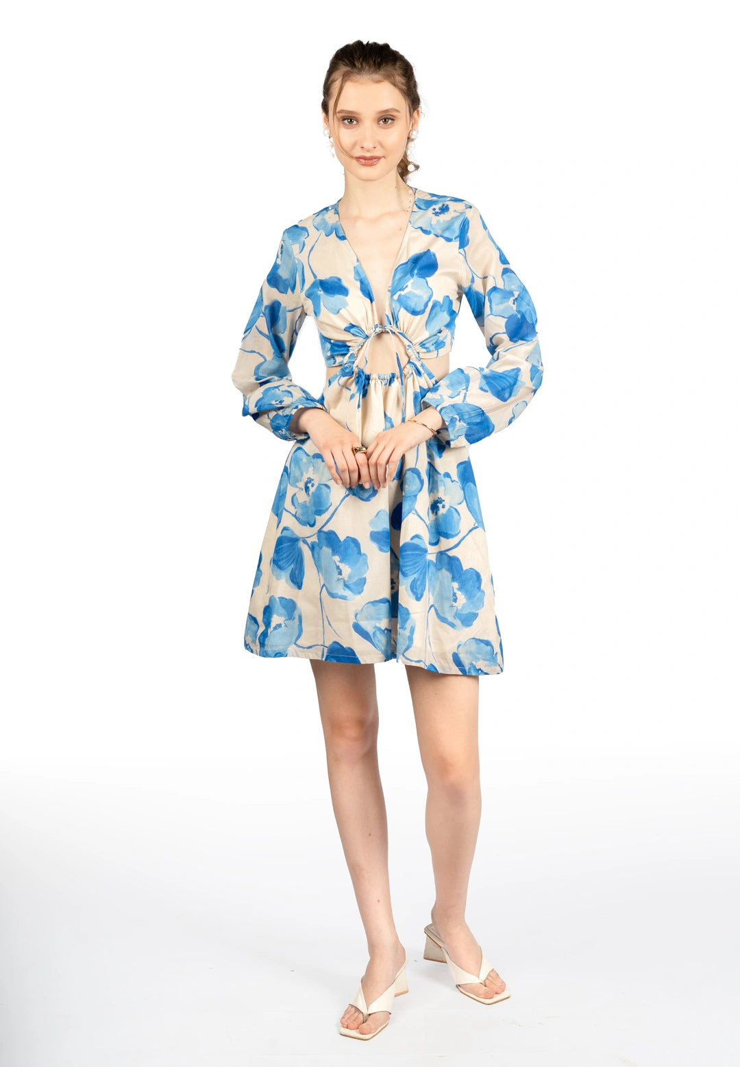Blue & Beige Floral Cotton Cambric Fit & Flare Dress