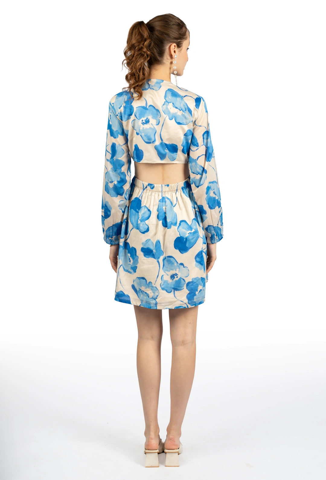 Blue & Beige Floral Cotton Cambric Fit & Flare Dress