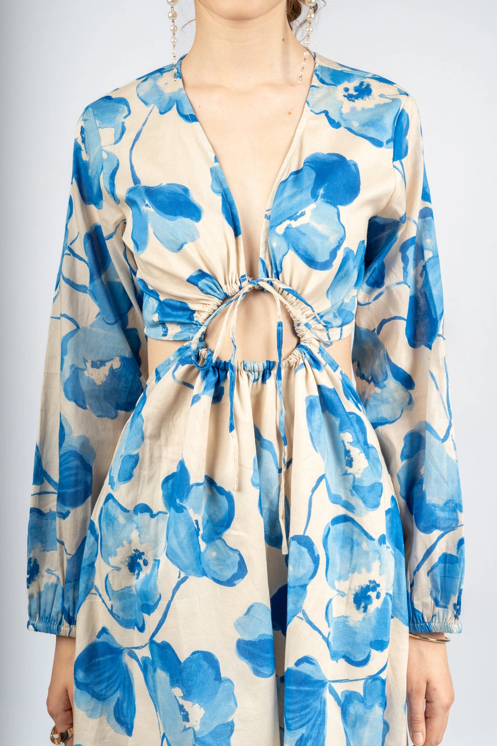 Blue & Beige Floral Cotton Cambric Fit & Flare Dress