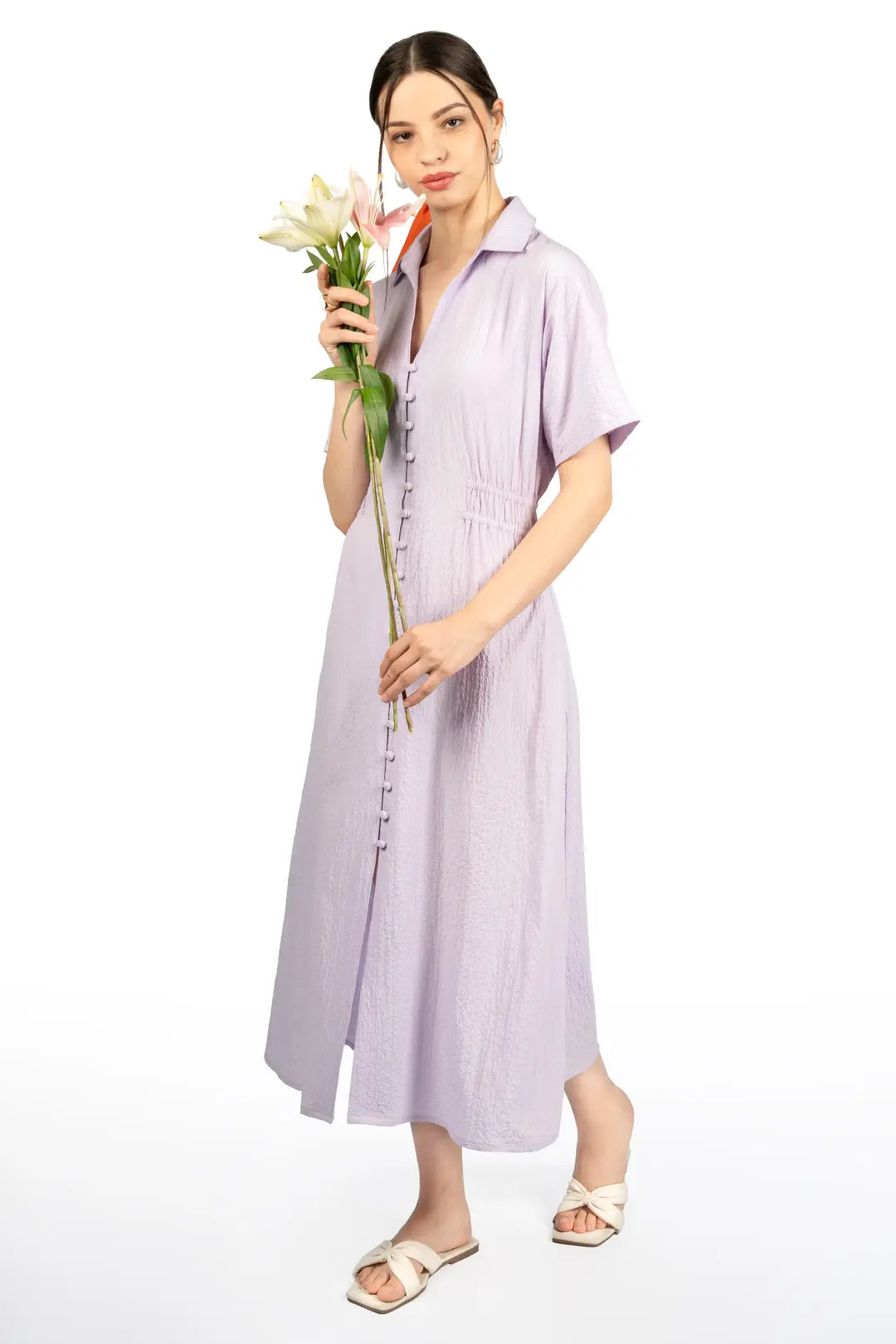 Lavender Collared Fit & Flare Midi Dress
