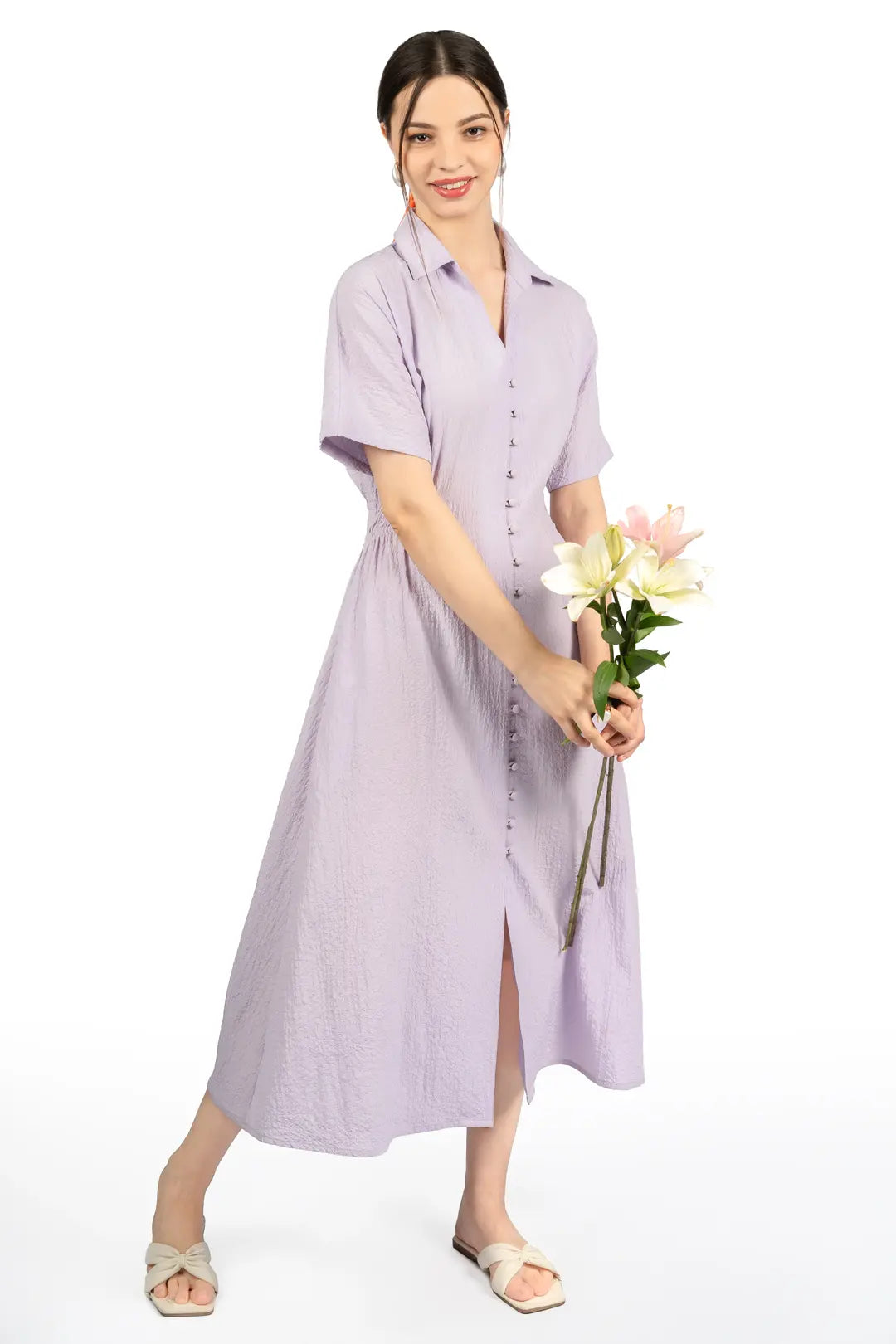 Lavender Collared Fit & Flare Midi Dress