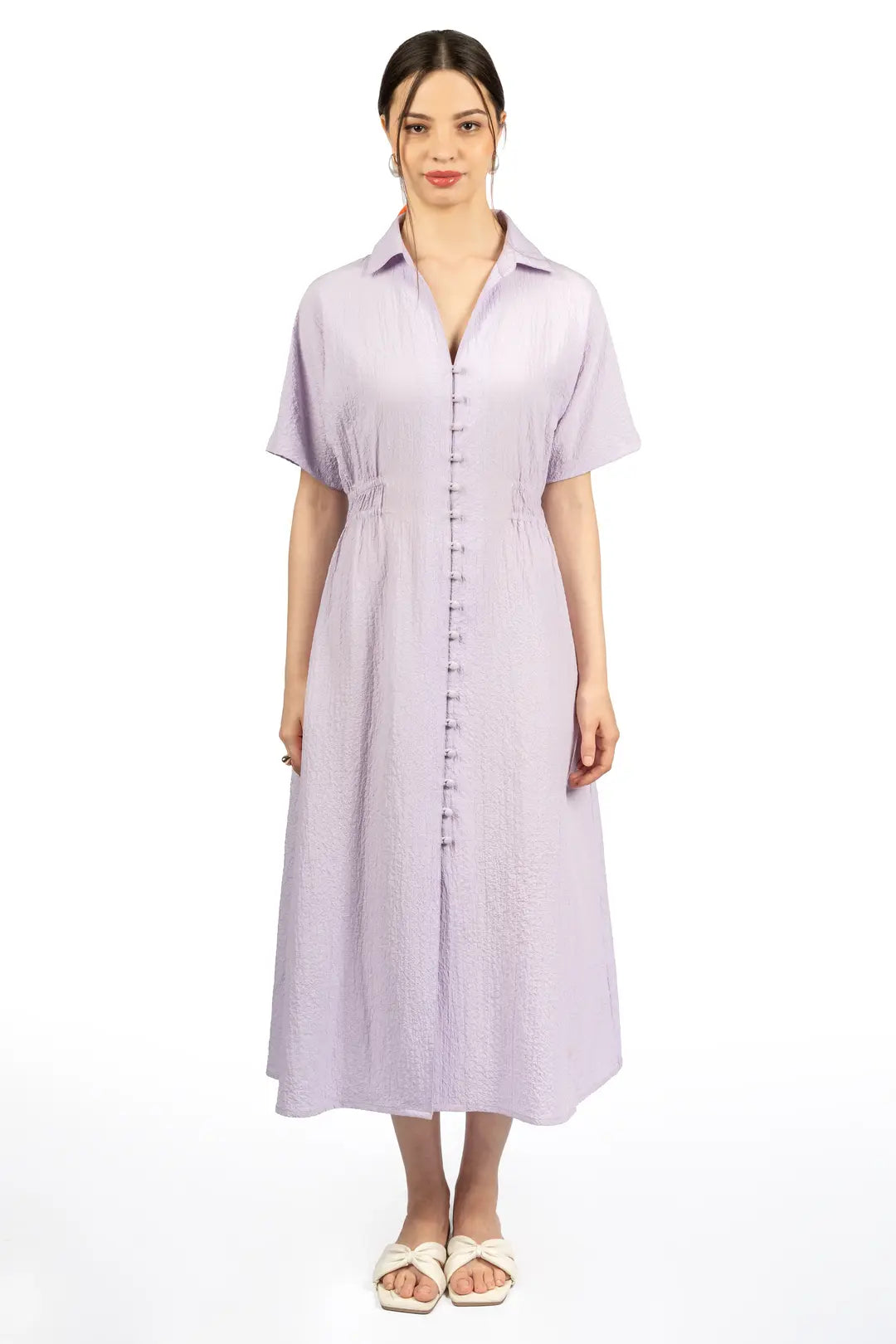 Lavender Collared Fit & Flare Midi Dress