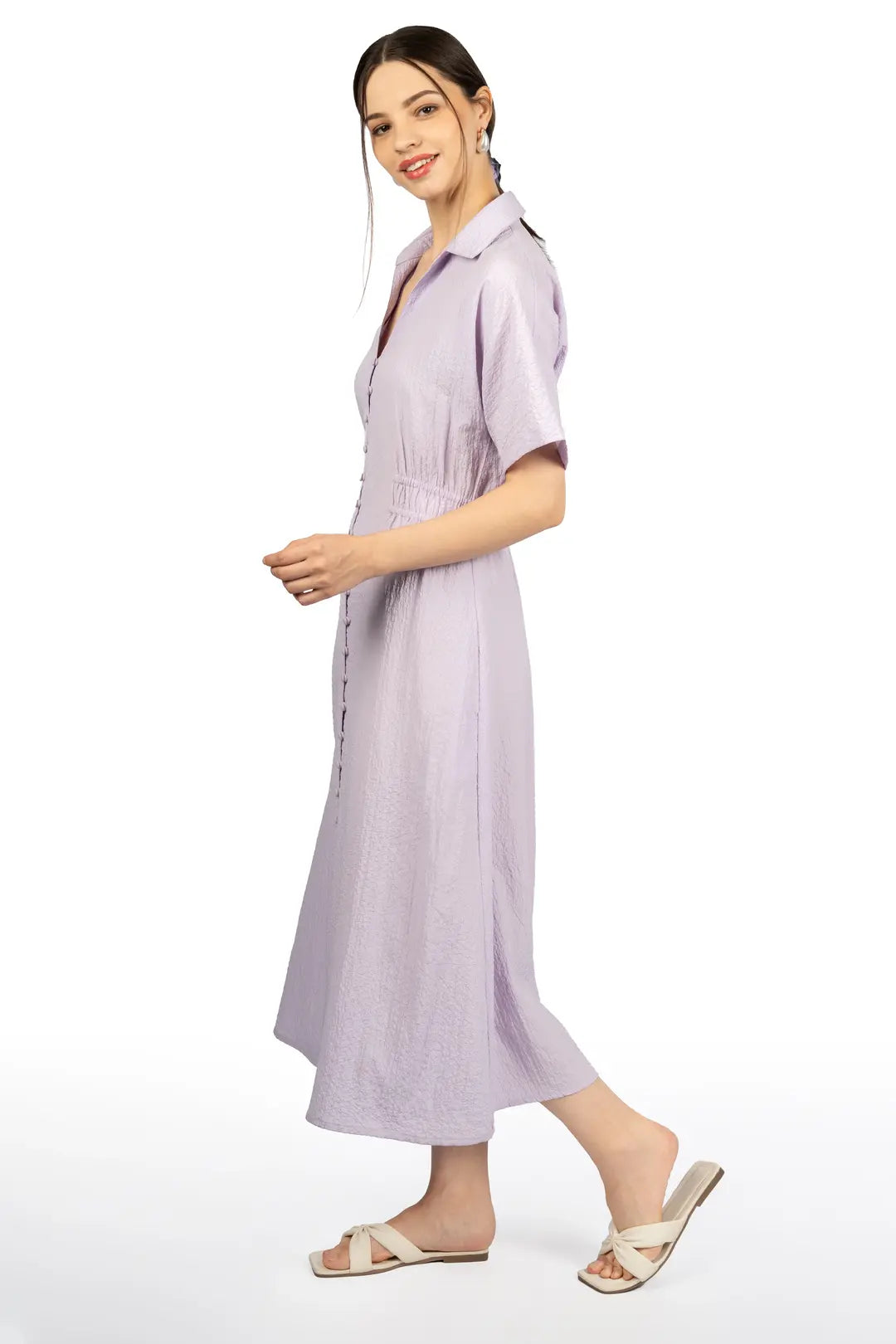Lavender Collared Fit & Flare Midi Dress