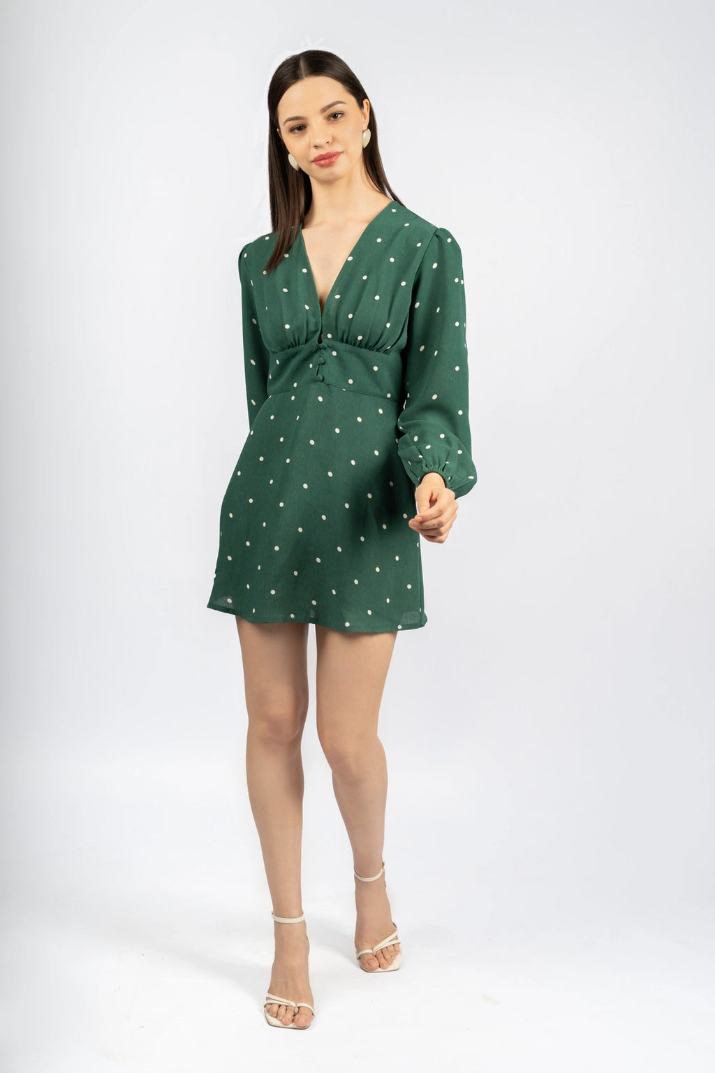 Bottle Green Polka Dot Fit & Flare Dress in Viscose Moss