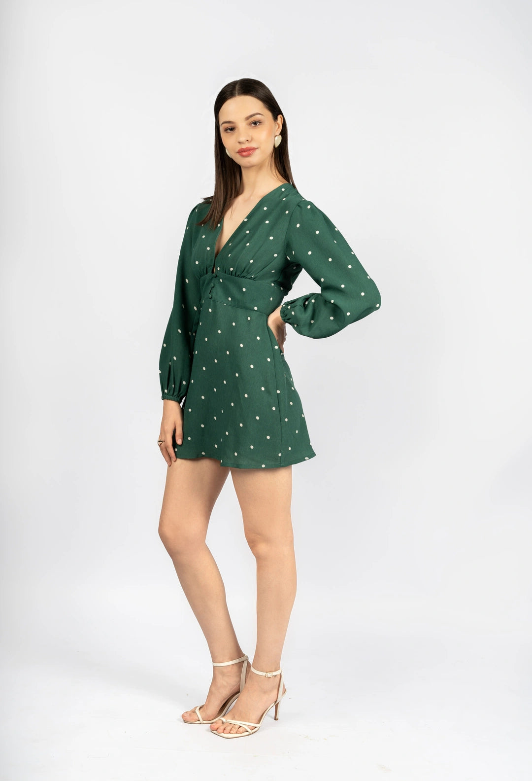 Bottle Green Polka Dot Fit & Flare Dress in Viscose Moss