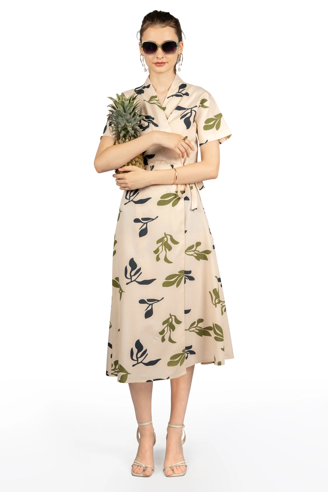 Beige Tropical Print Midi Dress