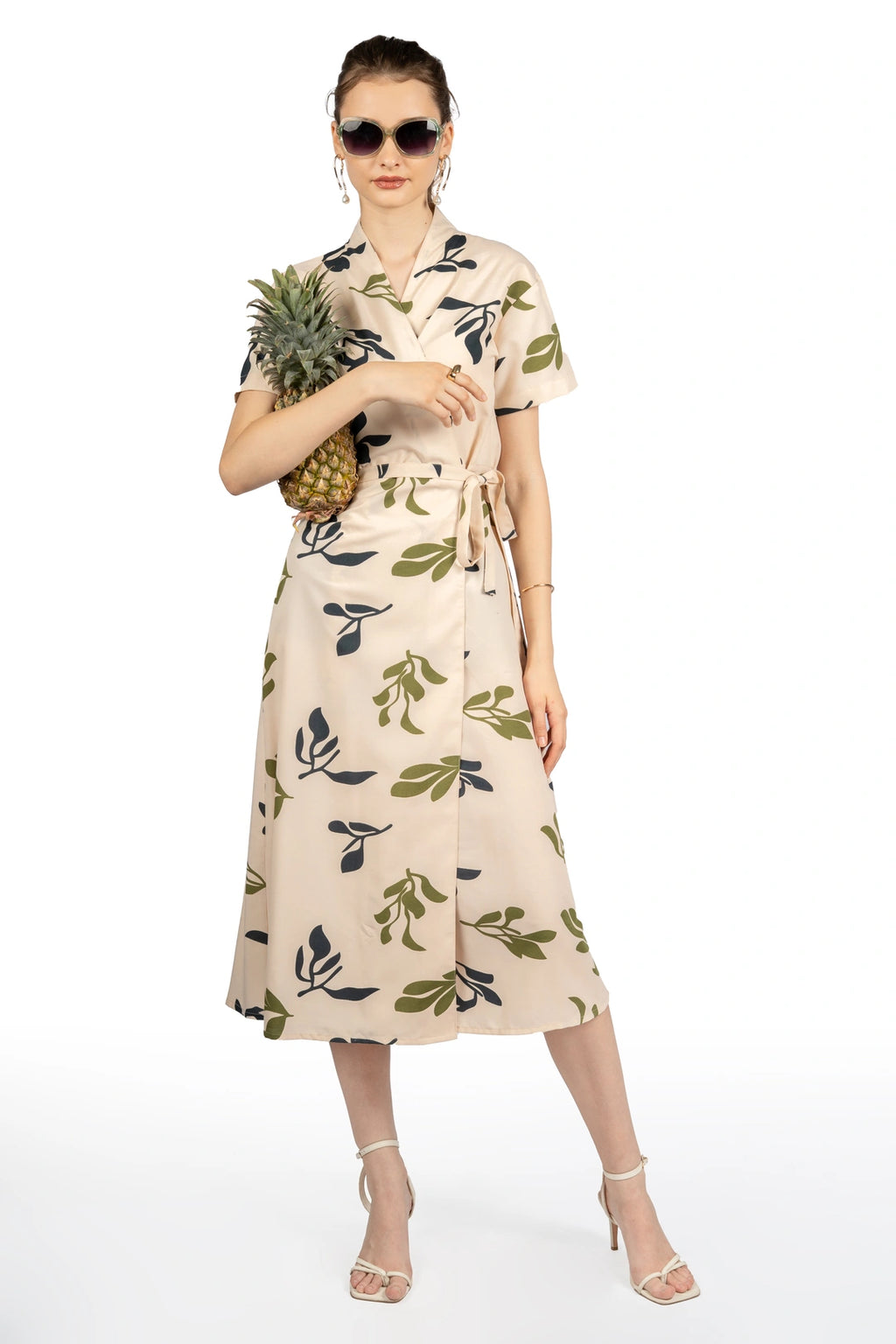 Beige Tropical Print Midi Dress