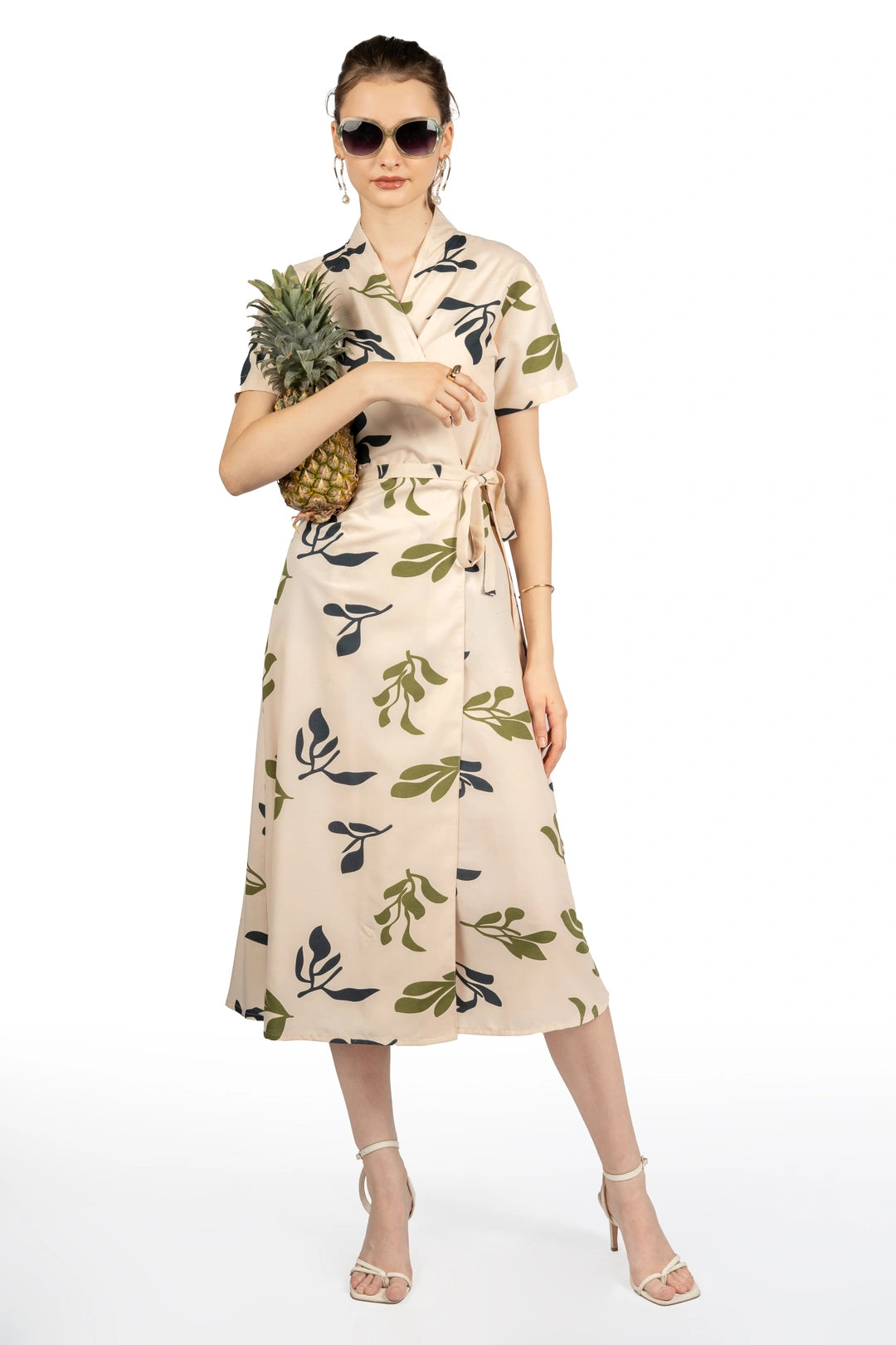 Beige Tropical Print Midi Dress