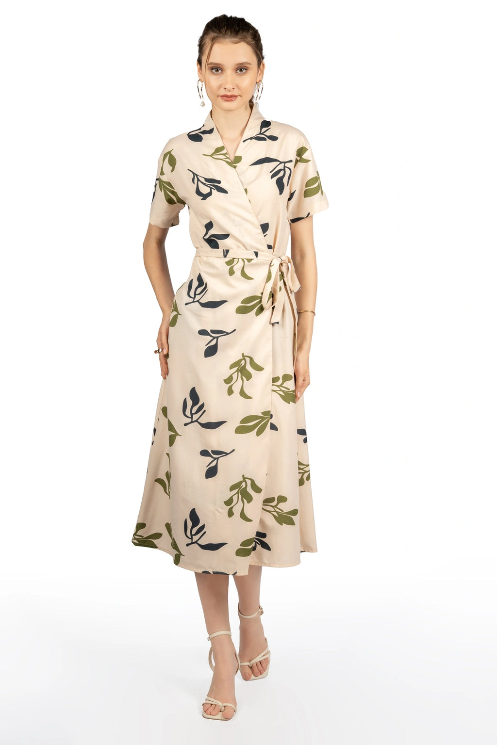 Beige Tropical Print Midi Dress
