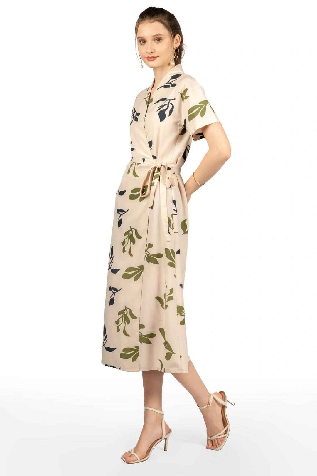 Beige Tropical Print Midi Dress