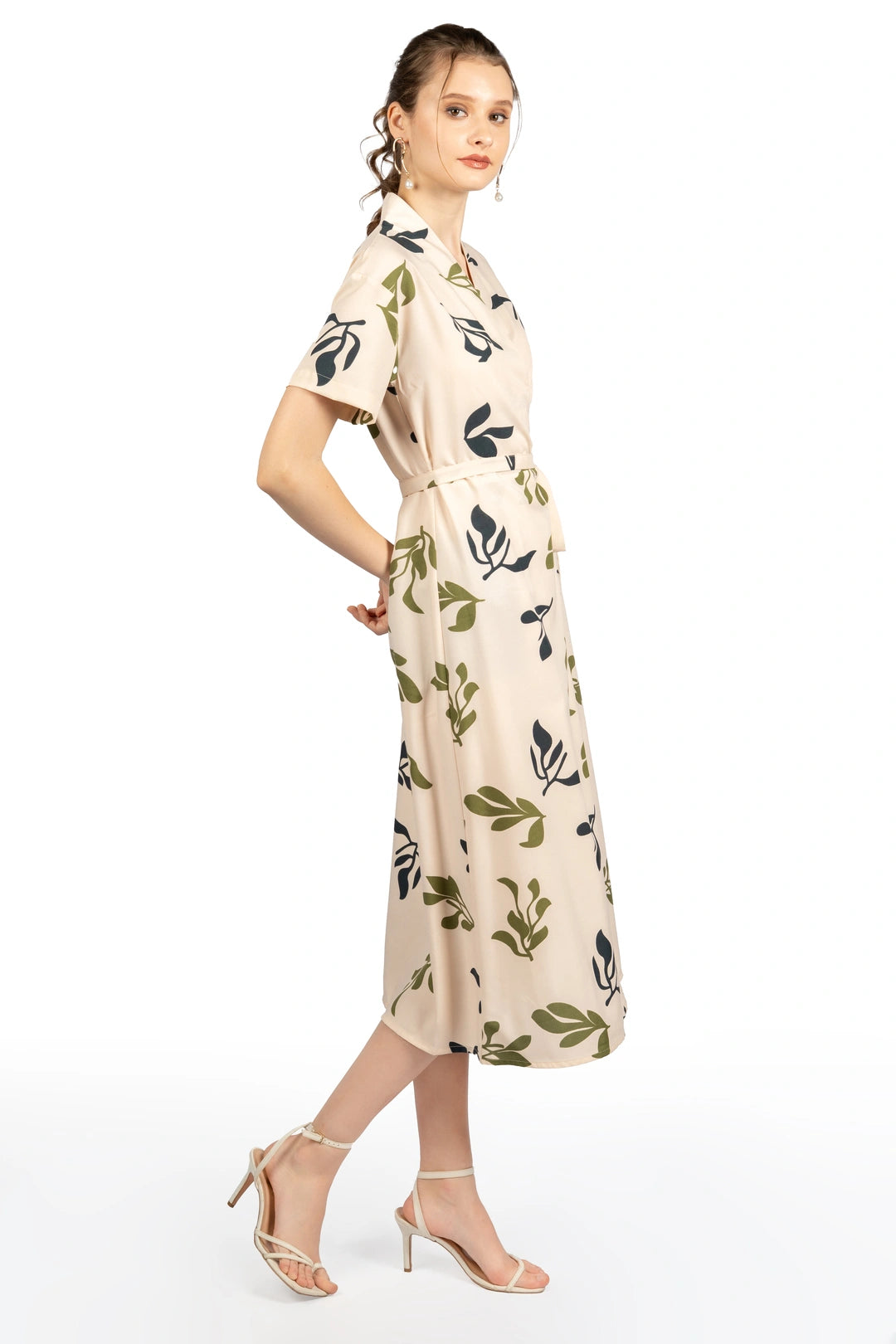 Beige Tropical Print Midi Dress