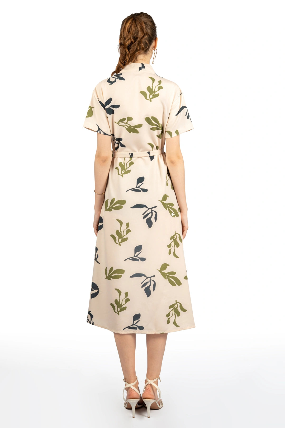 Beige Tropical Print Midi Dress