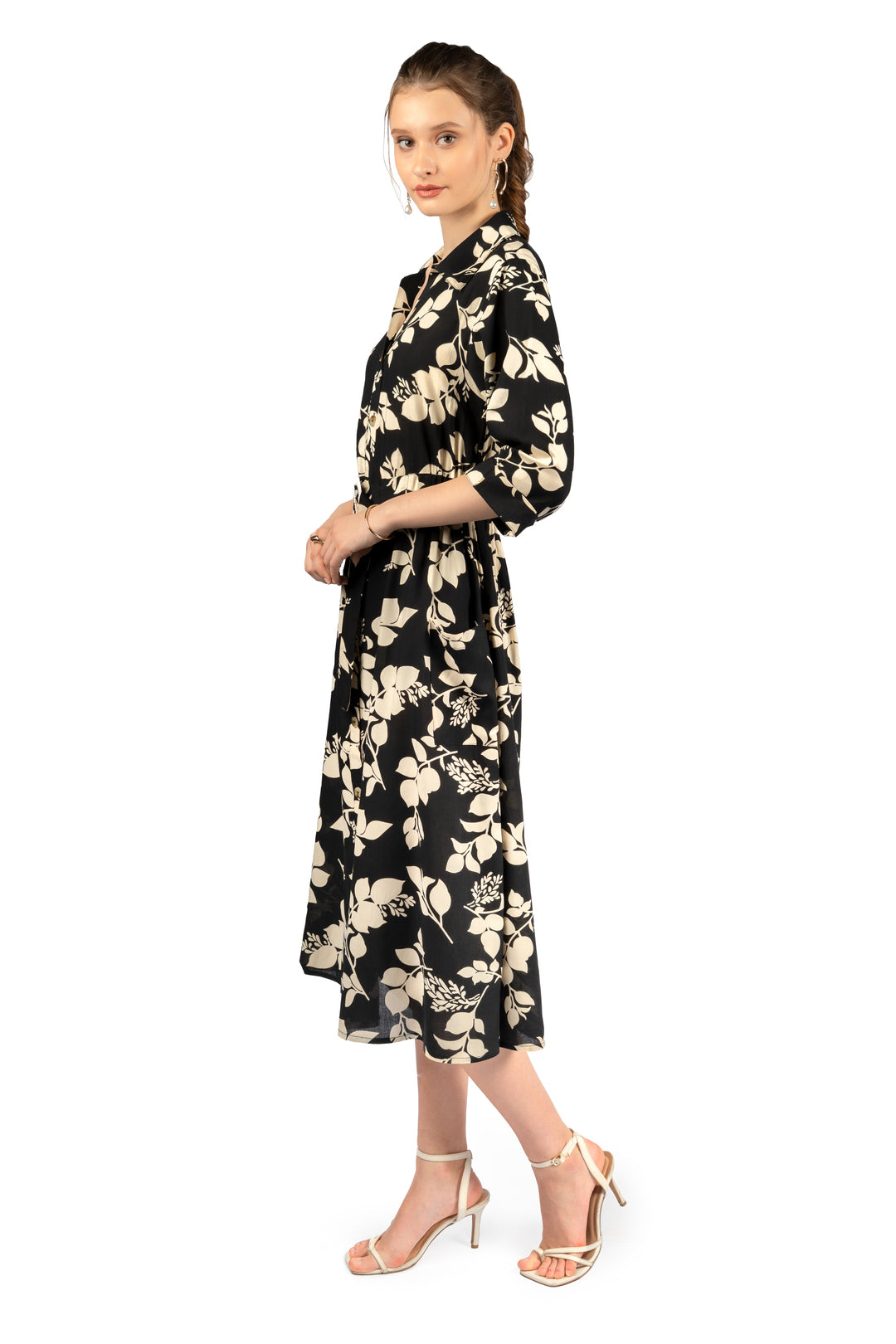 Black & Beige Floral Midi Dress