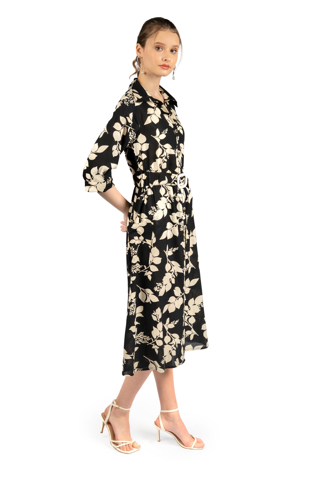 Black & Beige Floral Midi Dress
