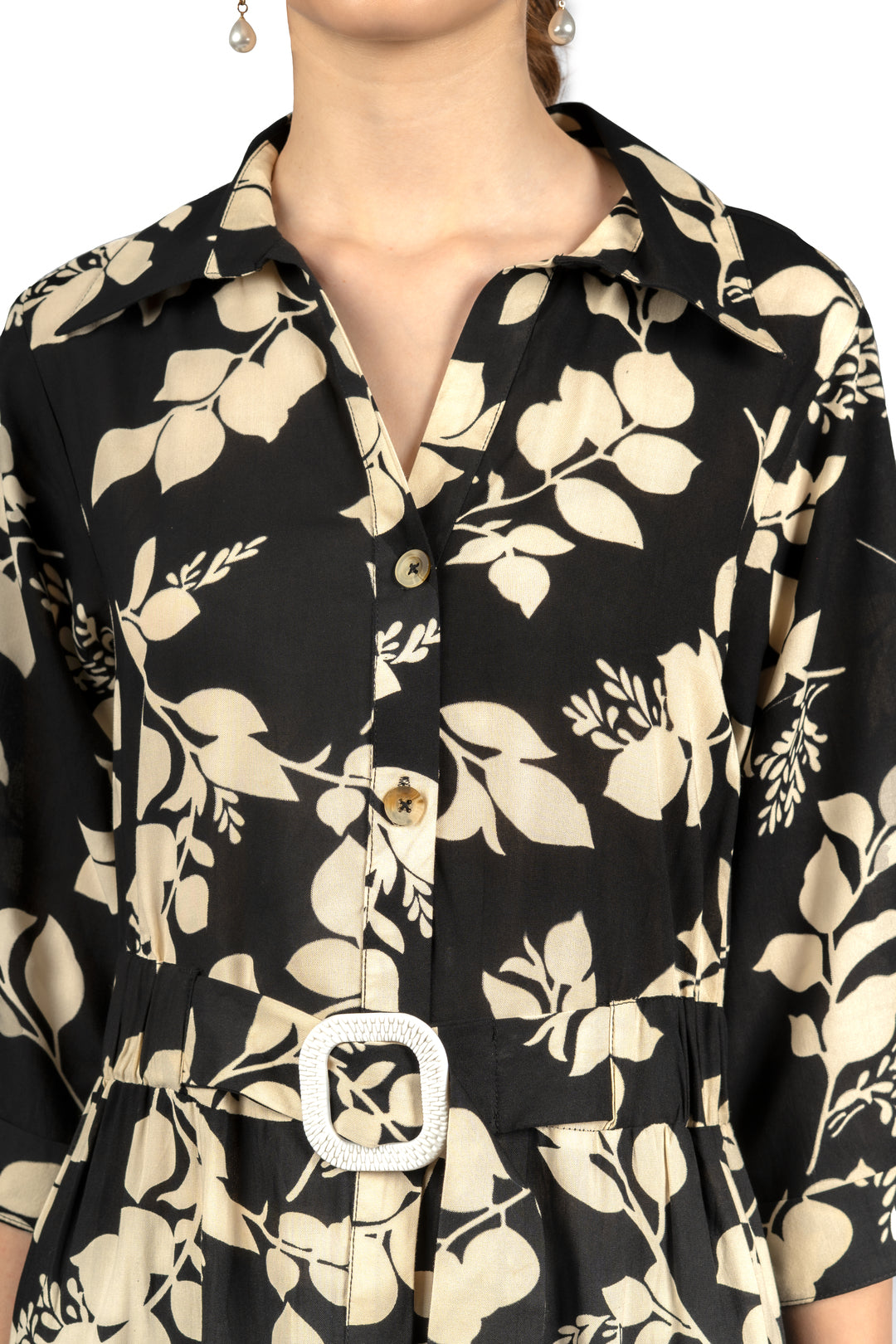 Black & Beige Floral Midi Dress