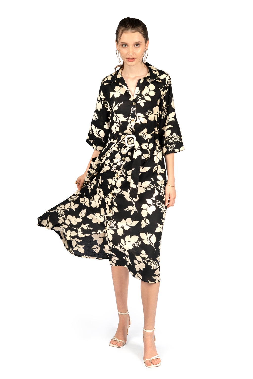 Black & Beige Floral Midi Dress