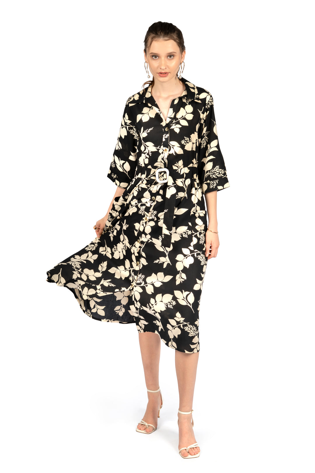 Black & Beige Floral Midi Dress