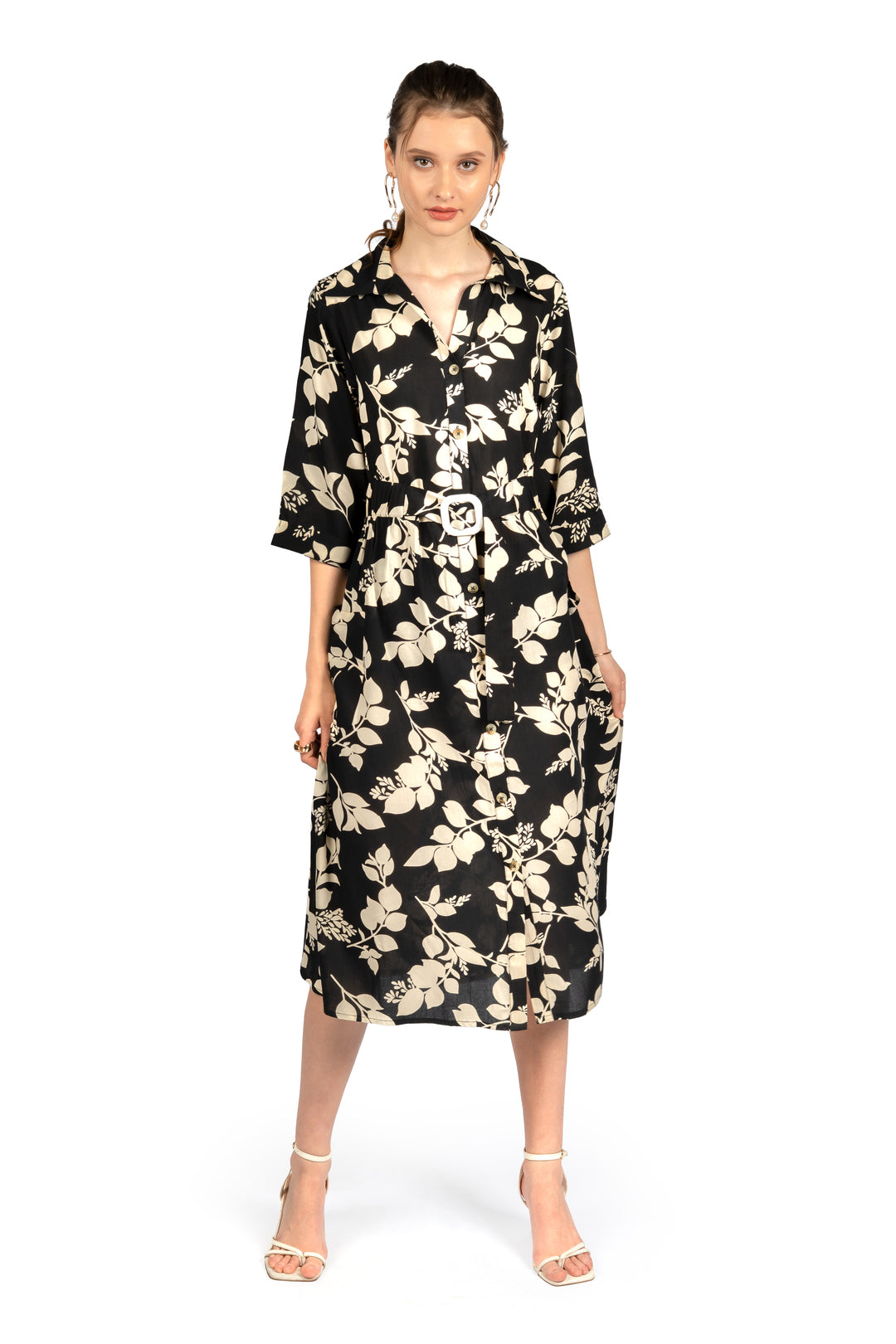 Black & Beige Floral Midi Dress