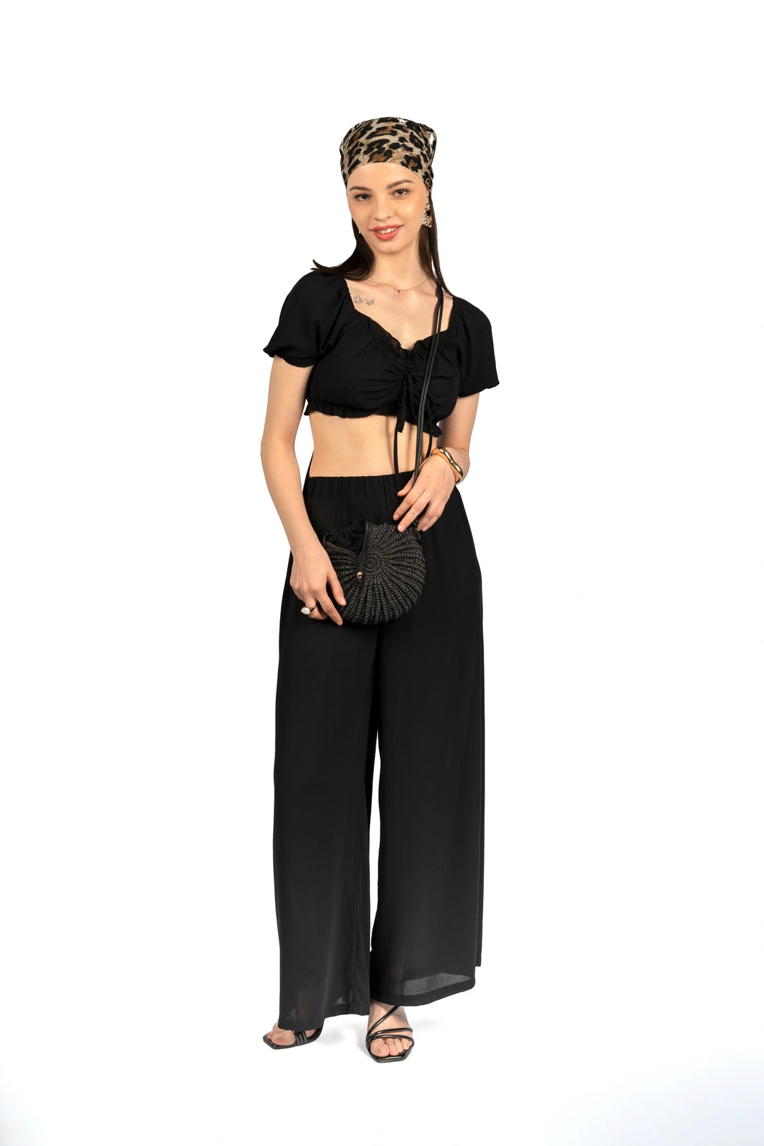 Black Solid Co-ord Set with Puff Sleeves
