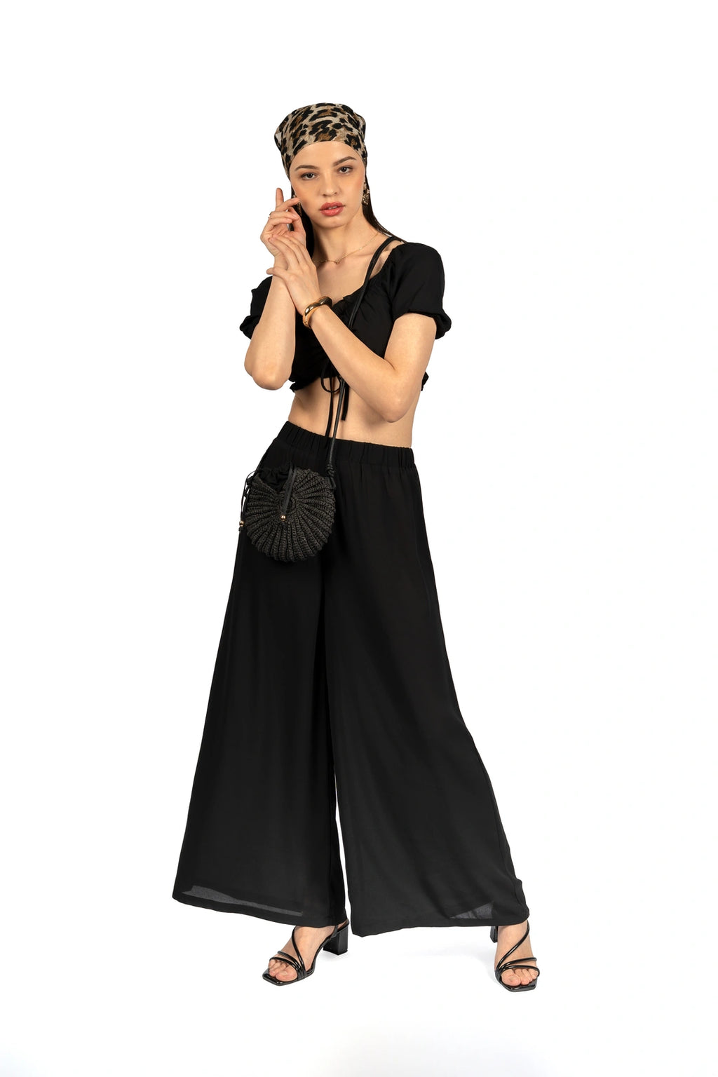 Black Solid Co-ord Set with Puff Sleeves