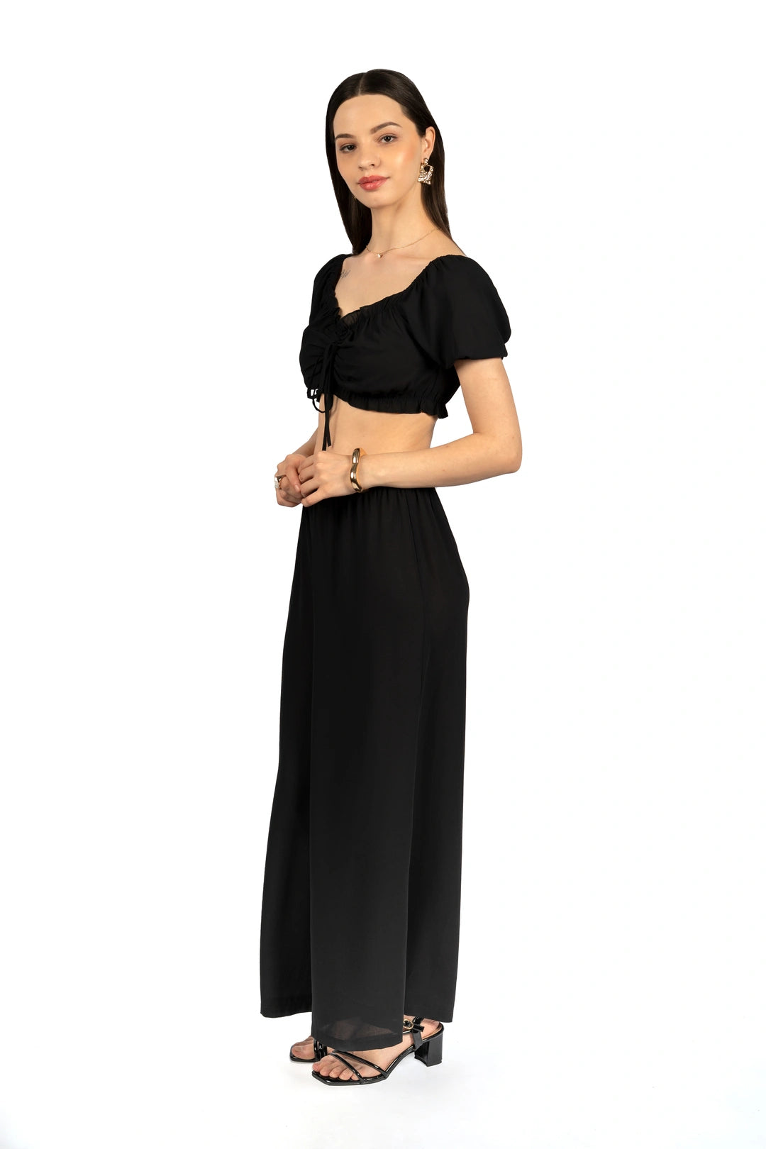 Black Solid Co-ord Set with Puff Sleeves