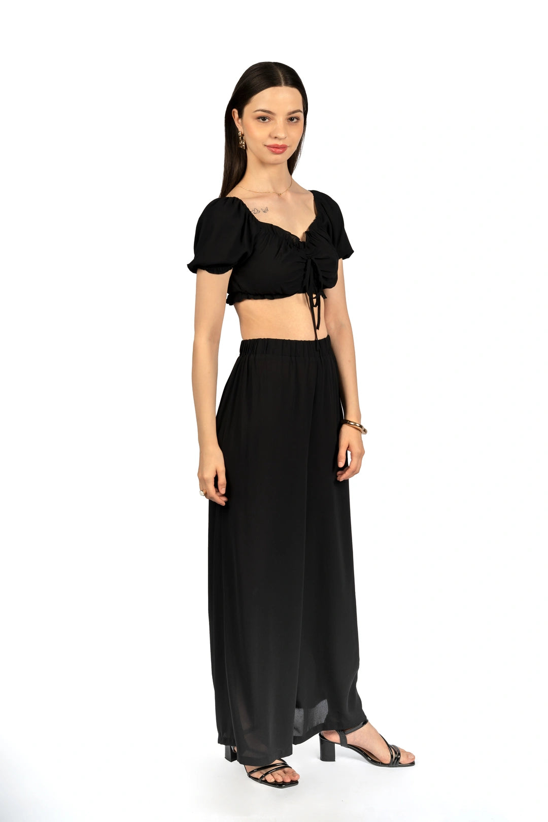 Black Solid Co-ord Set with Puff Sleeves