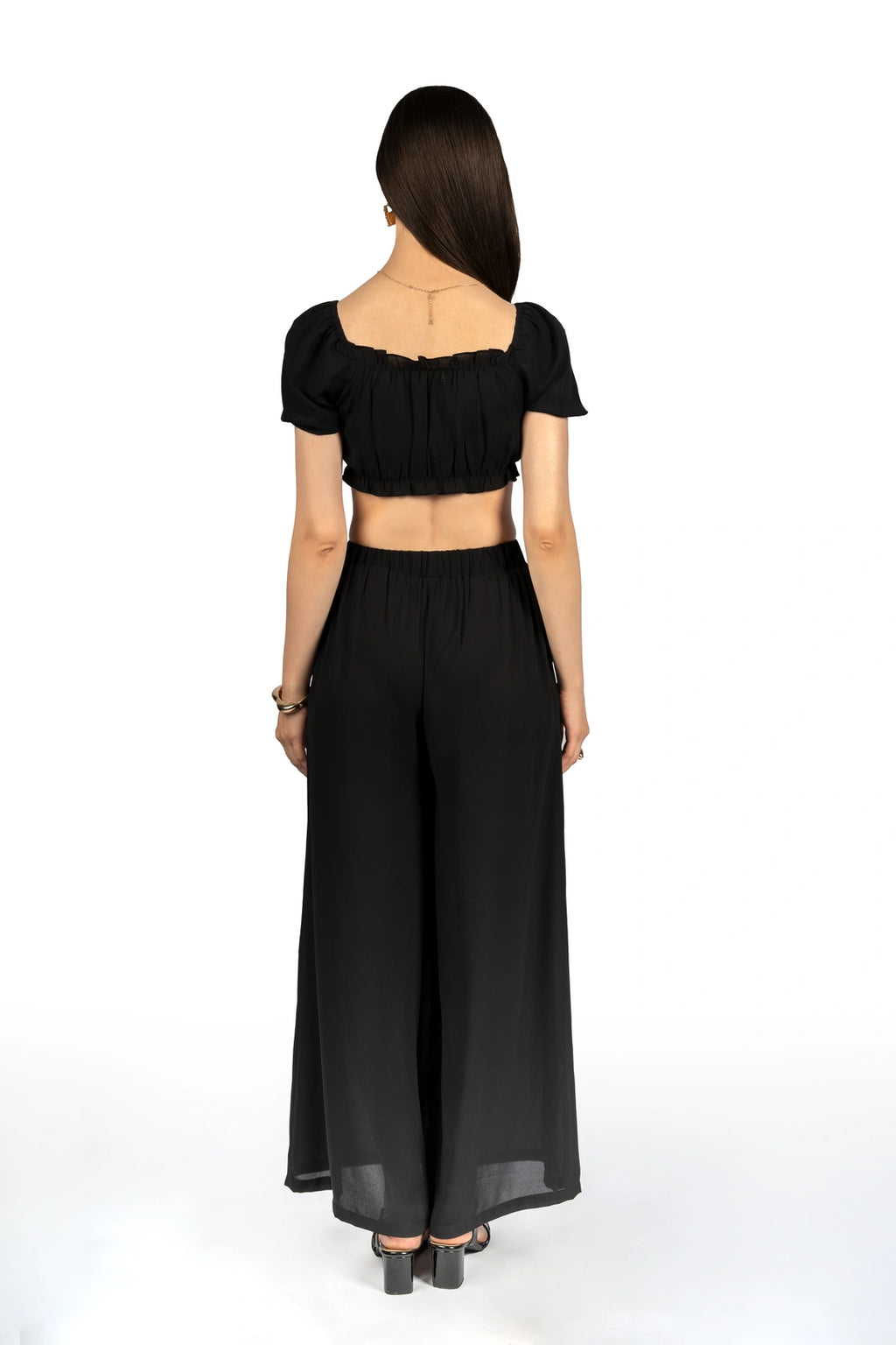 Black Solid Co-ord Set with Puff Sleeves