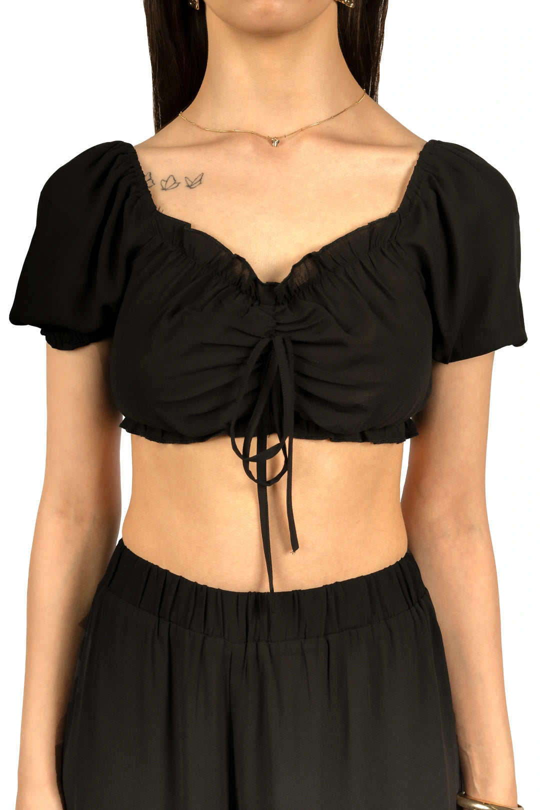 Black Solid Co-ord Set with Puff Sleeves