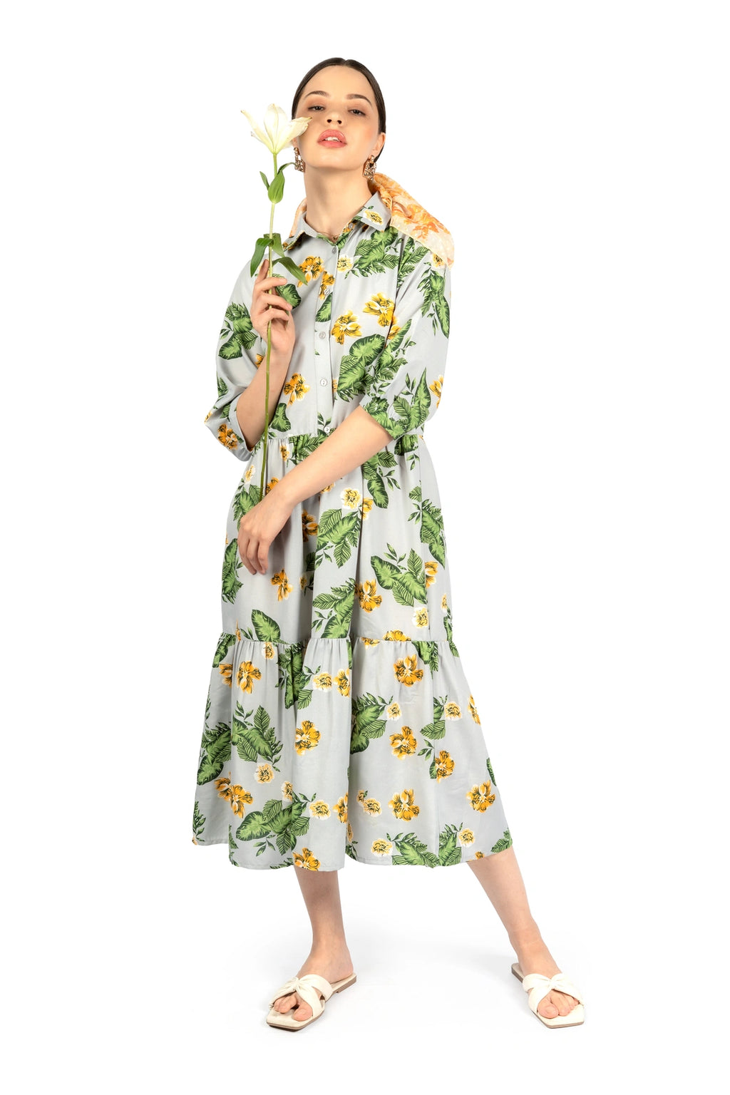 Grey & Green Floral Loose Midi Dress