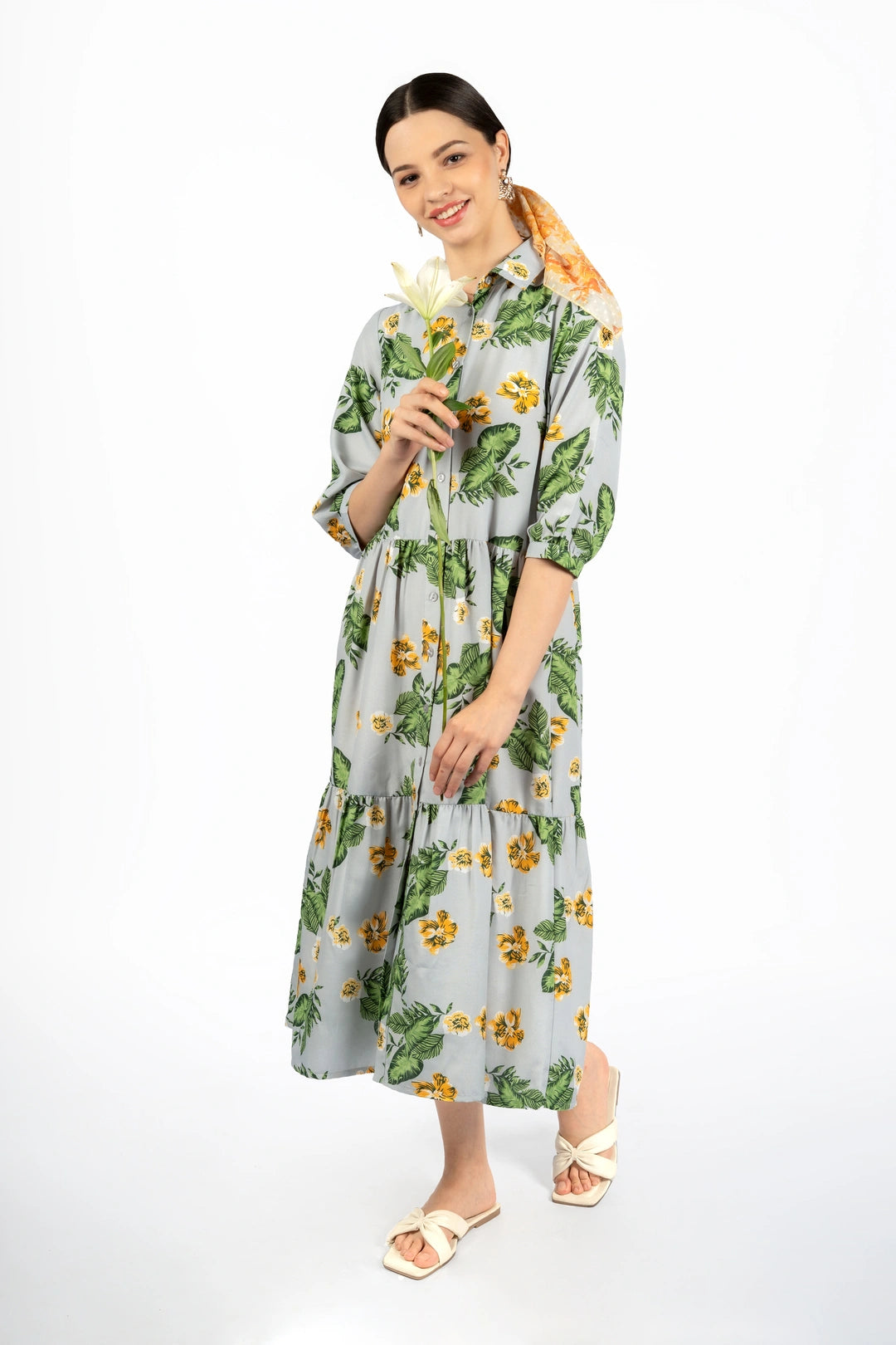 Grey & Green Floral Loose Midi Dress