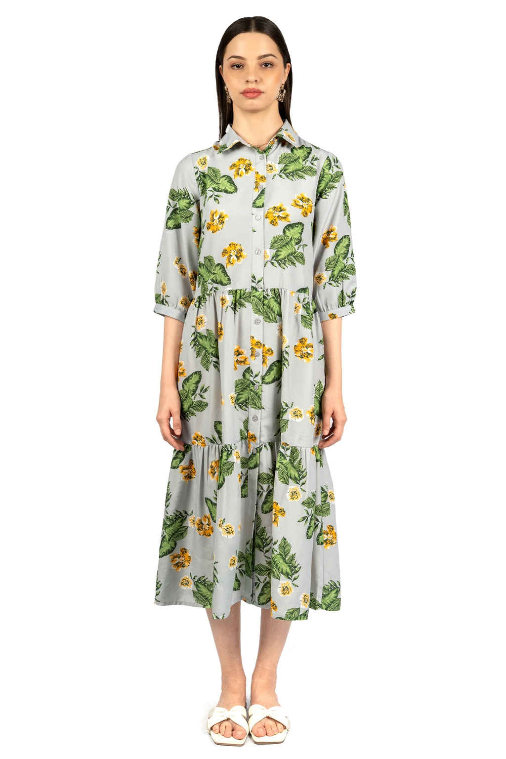 Grey & Green Floral Loose Midi Dress