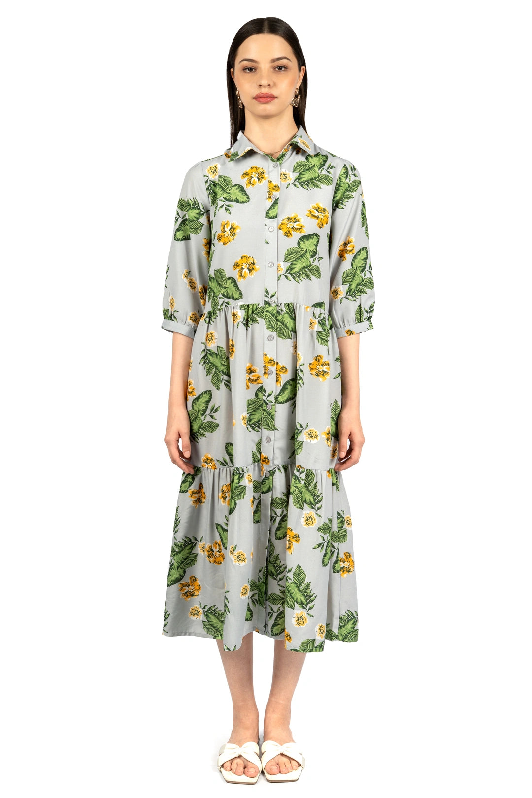 Grey & Green Floral Loose Midi Dress
