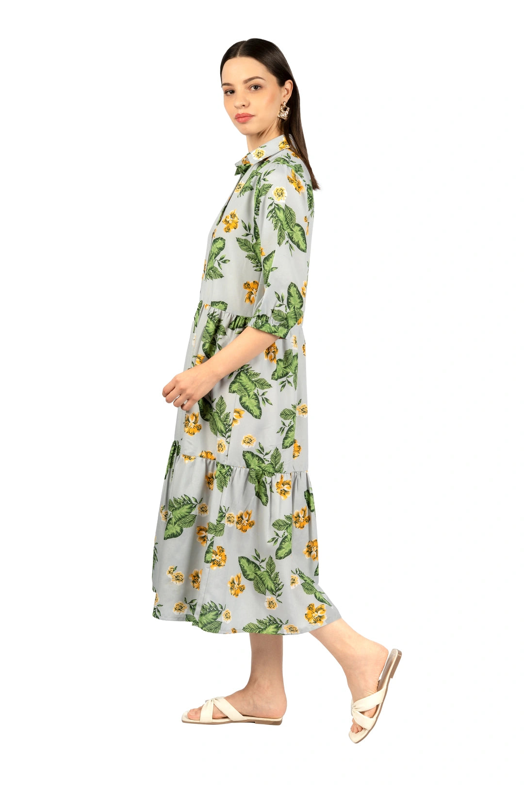 Grey & Green Floral Loose Midi Dress