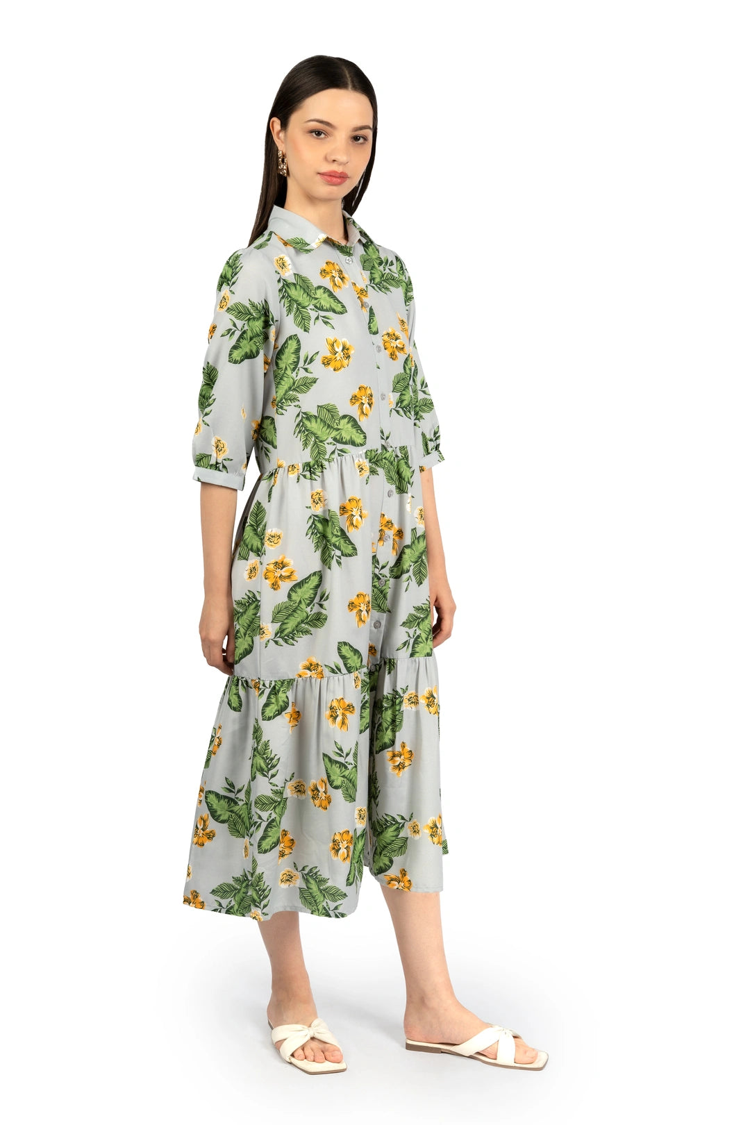 Grey & Green Floral Loose Midi Dress