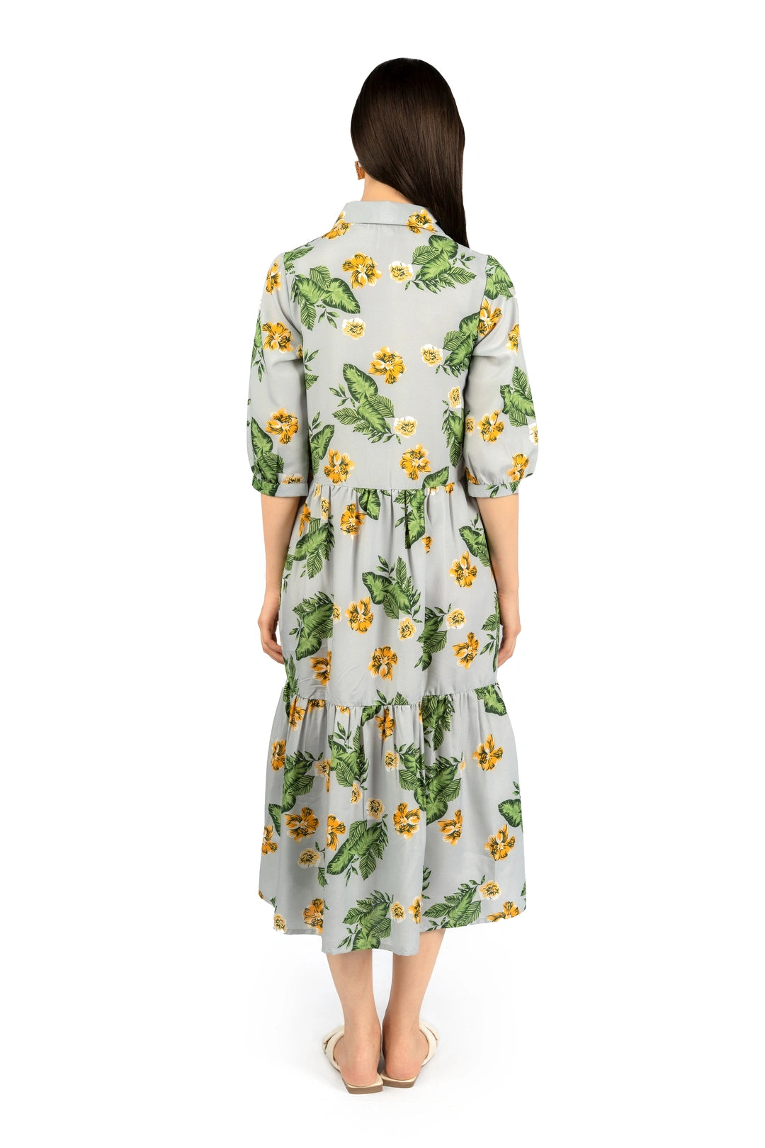 Grey & Green Floral Loose Midi Dress