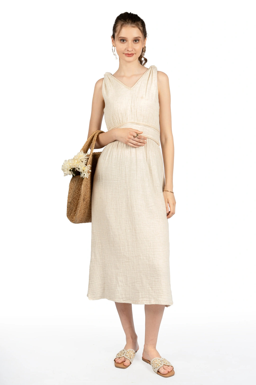 Beige Cotton Fit & Flare Midi Dress
