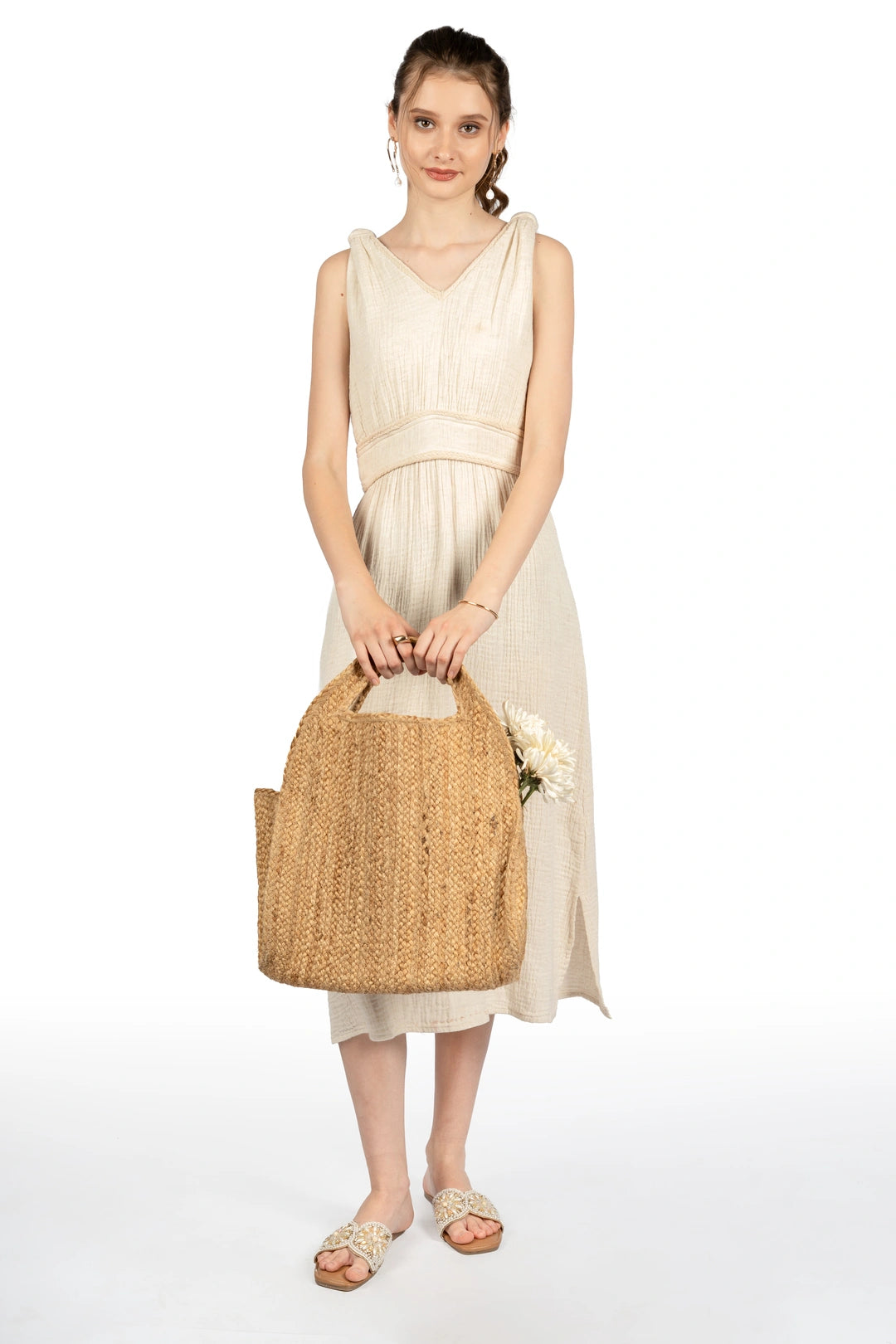 Beige Cotton Fit & Flare Midi Dress